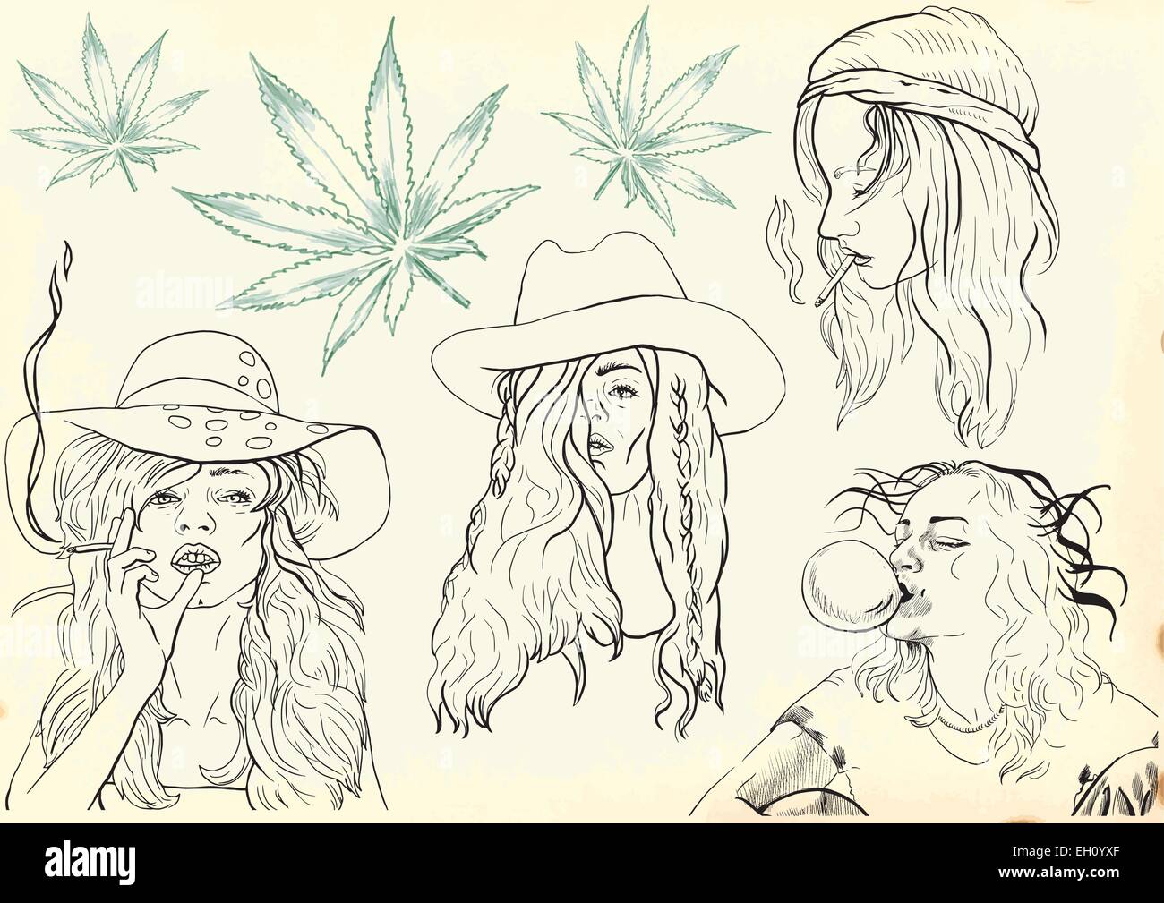 Un hand drawn vector illustration. Jeune femme dans diverses situation de la vie Illustration de Vecteur