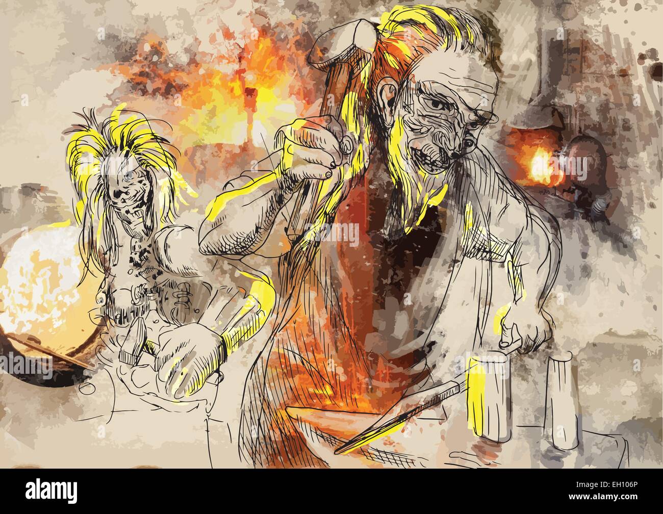 Héphaïstos est le dieu grec des forgerons, des artisans, des artisans, des sculpteurs, des métaux, de la métallurgie, du feu et des volcans. En Grec myt Illustration de Vecteur