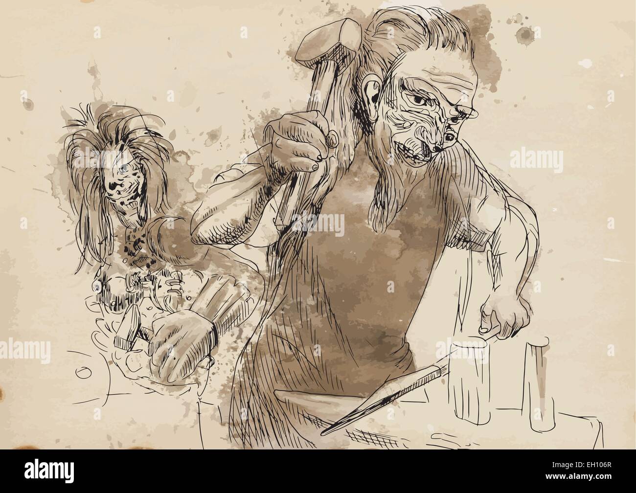 Héphaïstos est le dieu grec des forgerons, des artisans, des artisans, des sculpteurs, des métaux, de la métallurgie, du feu et des volcans. En Grec myt Illustration de Vecteur