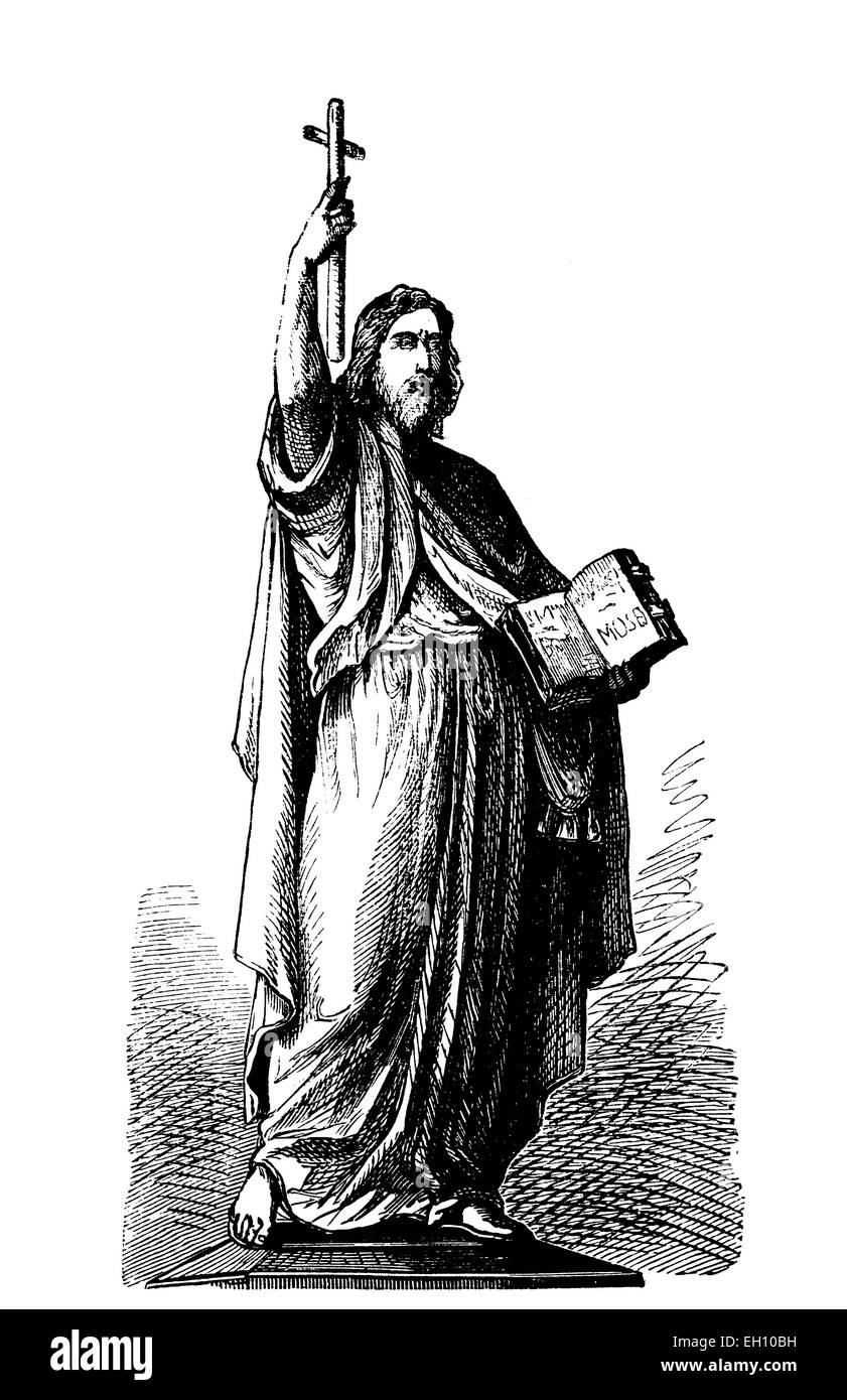 Statue de Saint Boniface à Fulda, gravure sur bois de 1880 Banque D'Images