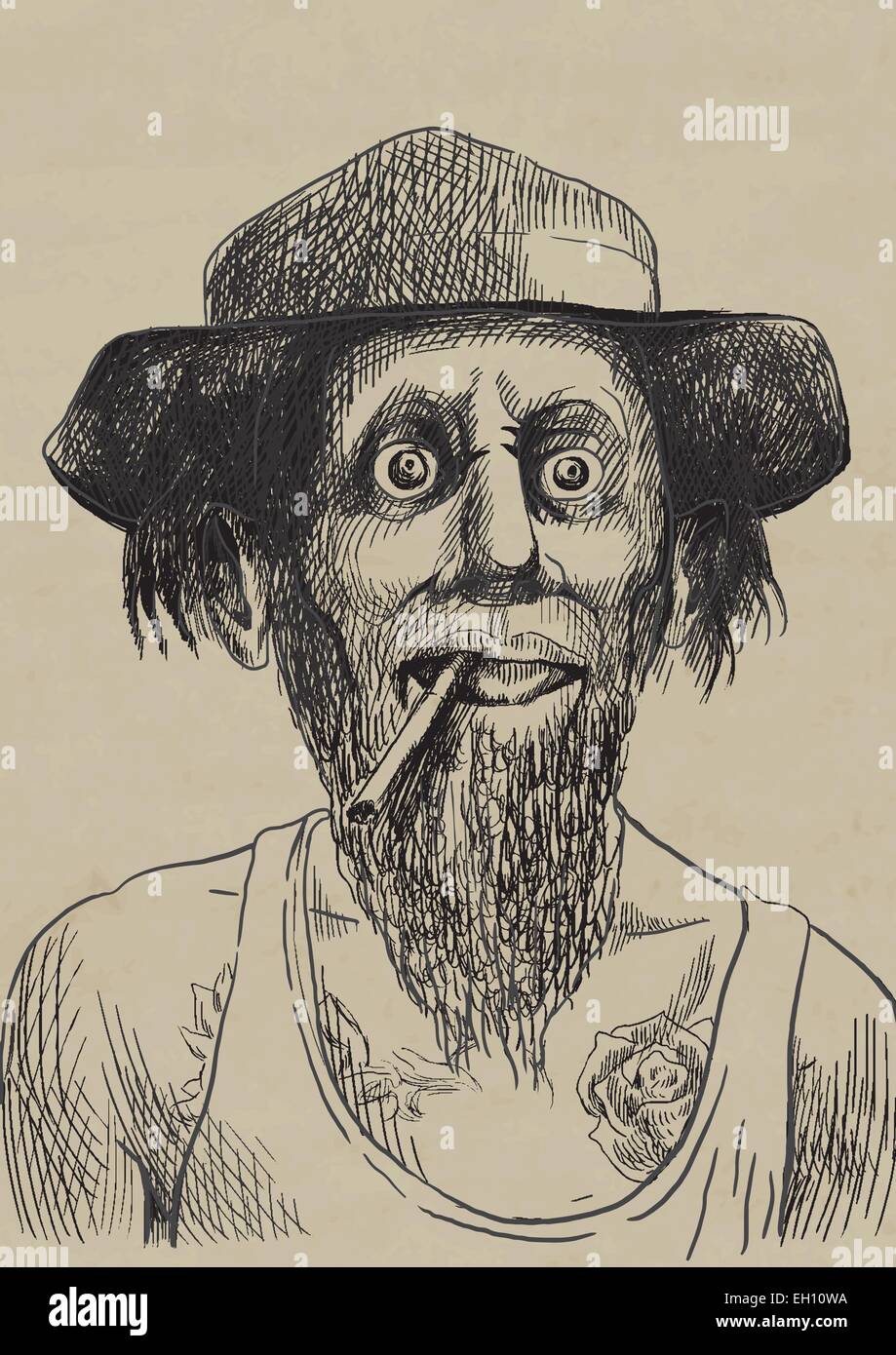 Les fumeurs et fumeurs : Topis. Un hand drawn vector illustration couleur. Homme avec une cigarette. Illustration de Vecteur