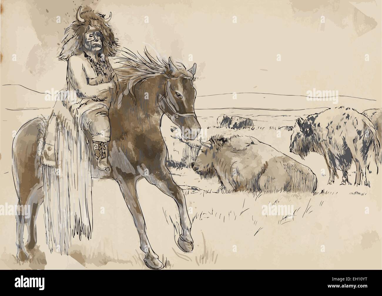 Un hand drawn vector illustration. Chef indien à cheval, regardant troupeau de bisons. Illustration de Vecteur