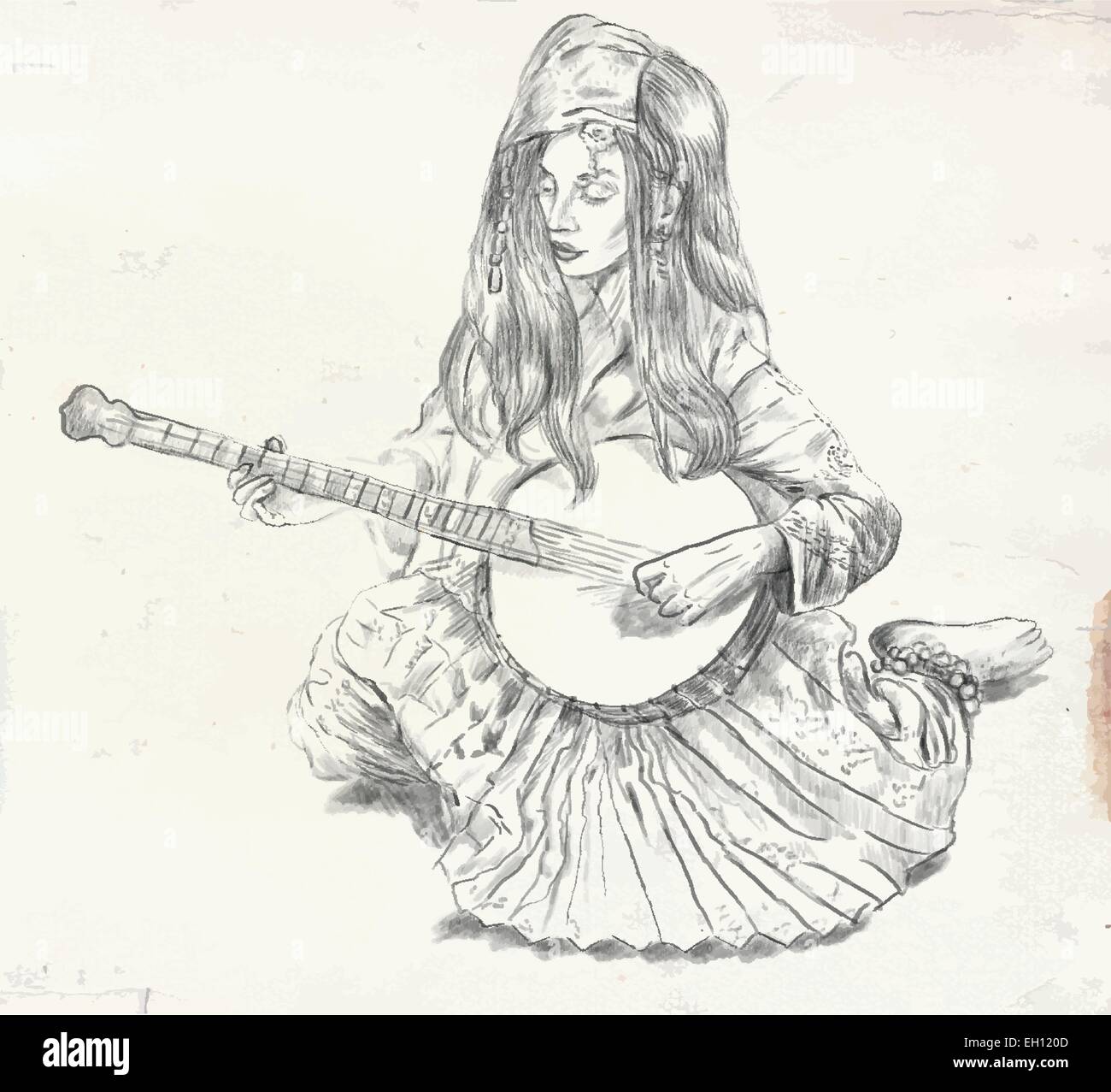 Un vecteur dessiné à la main. Thème : Musique et musiciens. Joueur de banjo - une jolie femme tendrement la joue du banjo. Une conversion à la main Illustration de Vecteur