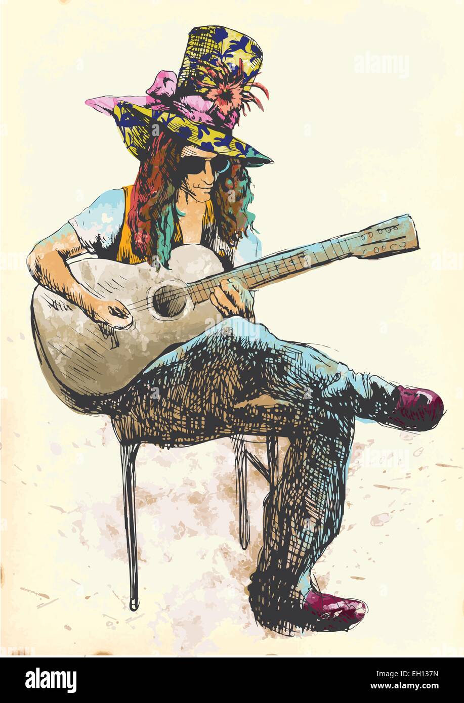 Une illustration peinte à la main et l'illustration d'un musicien jouant de la guitare espagnole Illustration de Vecteur