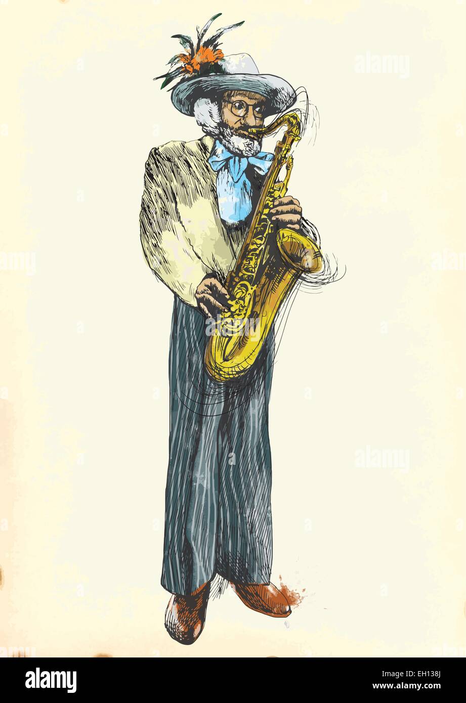 Une illustration peinte à la main et d'illustration vectorielle - un vieil homme (musicien) à jouer du saxophone. Illustration de Vecteur