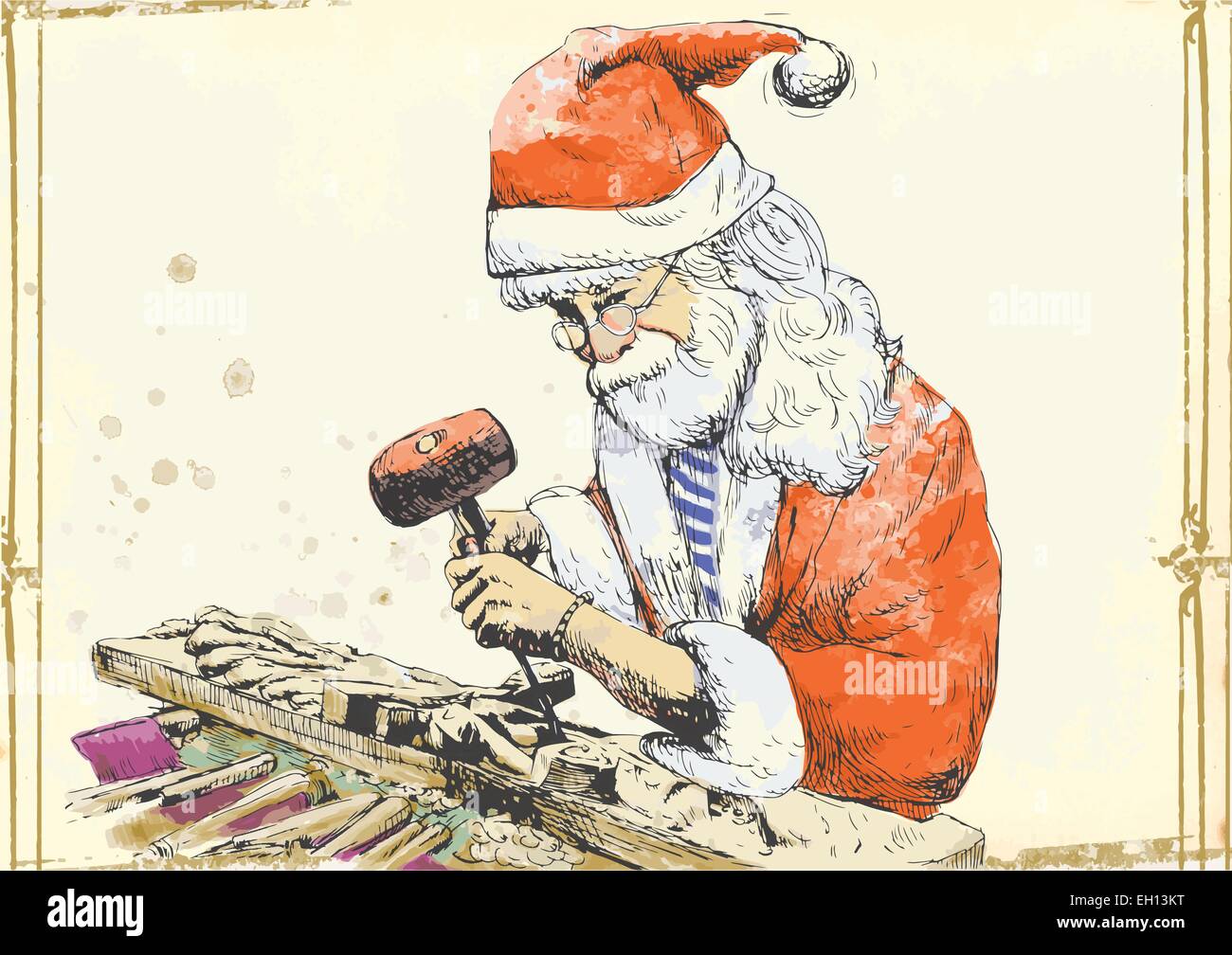 Une illustration peinte à la main et vecteur - Père Noël comme Carver (fabriqués par cadeau) Illustration de Vecteur