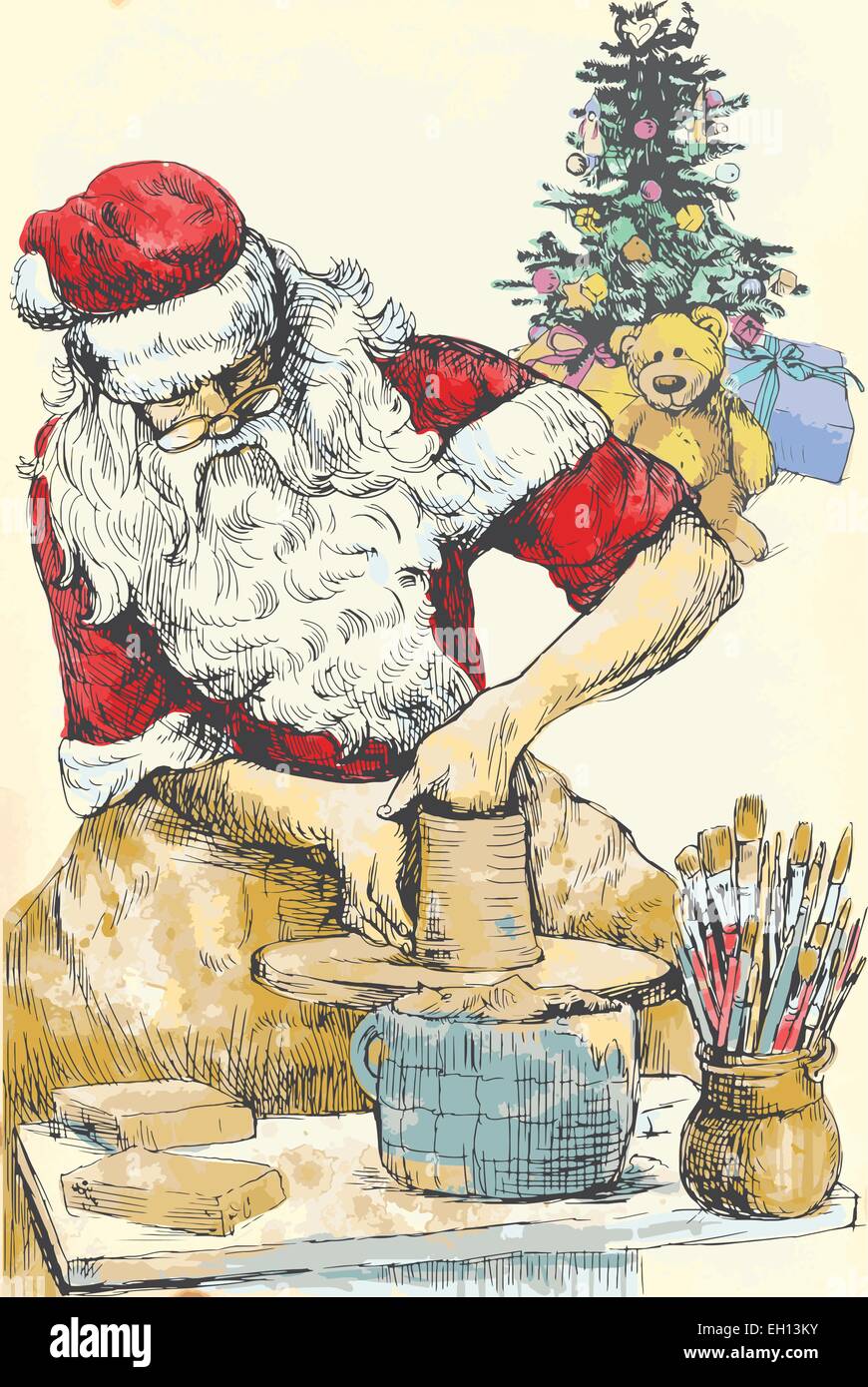 Une illustration peinte à la main et vecteur - Père Noël que Potter (fabriqués par cadeau) Illustration de Vecteur