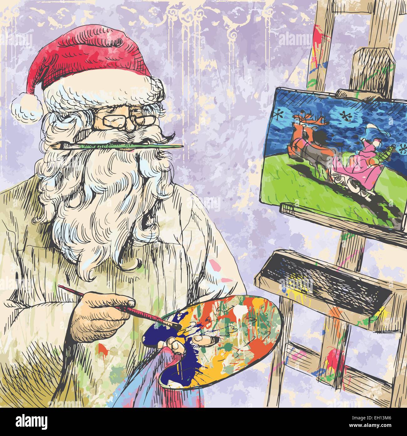 Une illustration peinte à la main et vecteur - Père Noël en tant que peintre (fabriqués par cadeau) Illustration de Vecteur