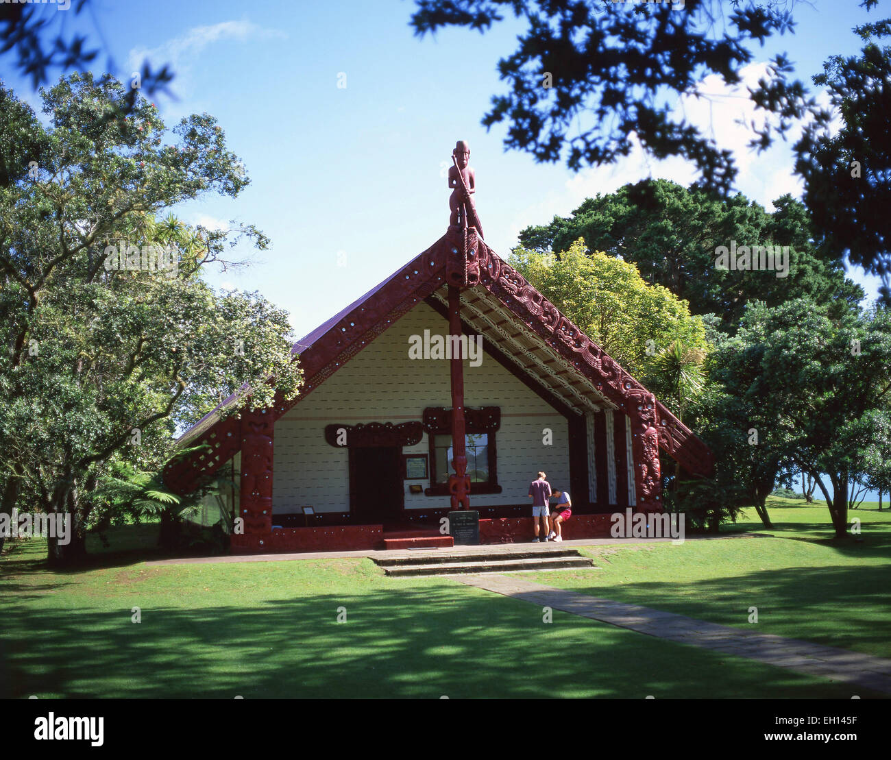 Te Whare Runanga Meeting House, Waitangi Treaty Grounds, Waitangi, Bay of Islands, Northland Region, North Island, Nouvelle-Zélande Banque D'Images