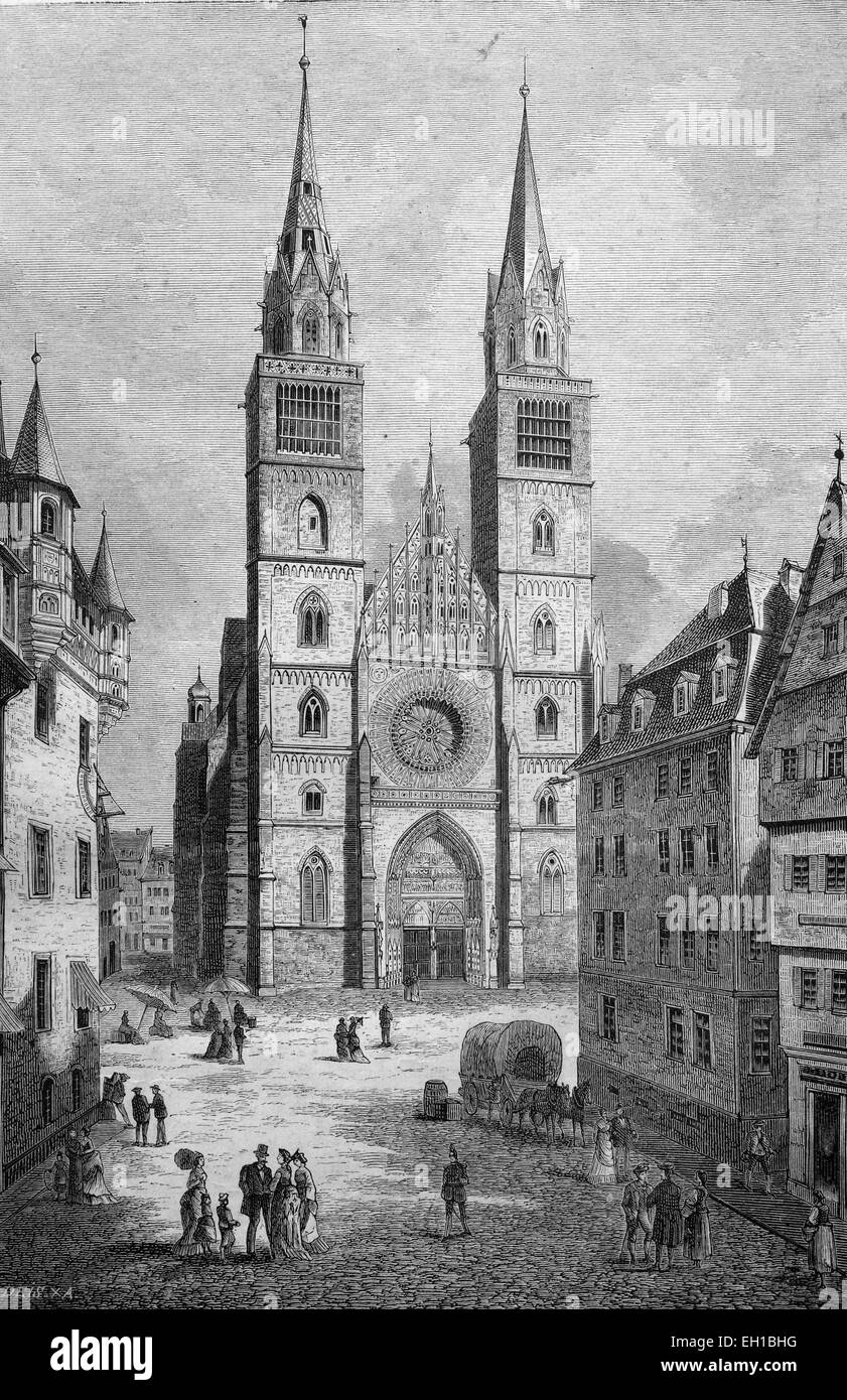 Église Lorenzkirche à Nuremberg, Allemagne, illustration historique, 1877 Banque D'Images