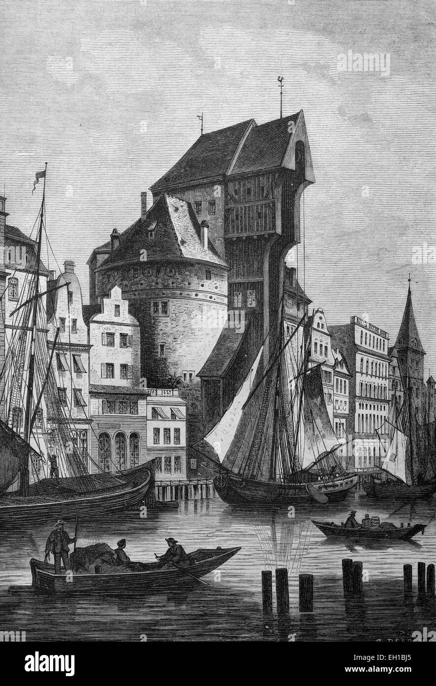 Krantor, Stary Zuraw gate à Gdansk, en Pologne, l'illustration historique, 1877 Banque D'Images