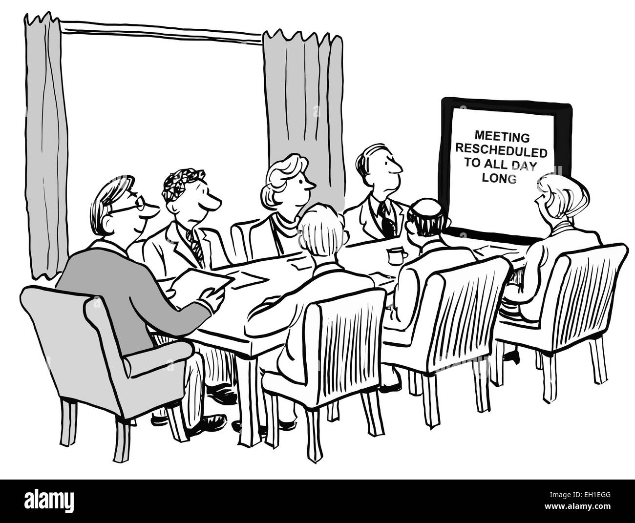 Caricature de l'équipe commerciale réunion : réunion reportée au tout au long de la journée. Illustration de Vecteur