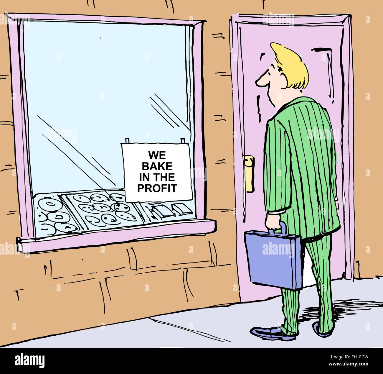 Caricature de businessman looking at bakery signe : nous mettre au profit. Illustration de Vecteur