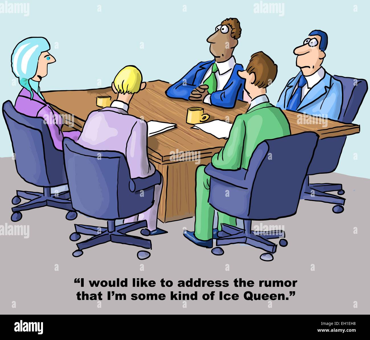 Caricature de femme d'affaires, avec la couleur de cheveux de glace en disant à l'équipe qu'elle souhaite aborder la rumeur qu'elle est une Reine de Glace Illustration de Vecteur