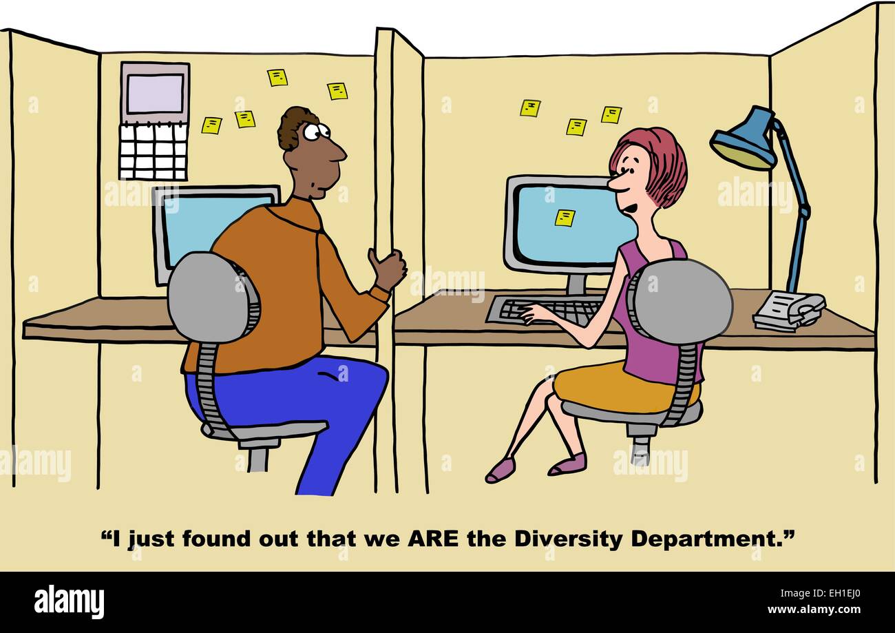 Cartoon of African businessman et caucasian businesswoman, je viens tout juste d'apprendre que nous sommes le département de la diversité. Illustration de Vecteur