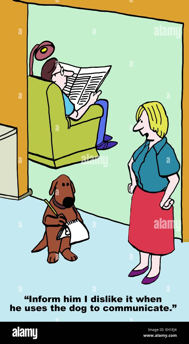 Caricature de mari épouse donnant le traitement silencieux, à chien, l'informer que je déteste quand il utilise le chien pour communiquer. Illustration de Vecteur