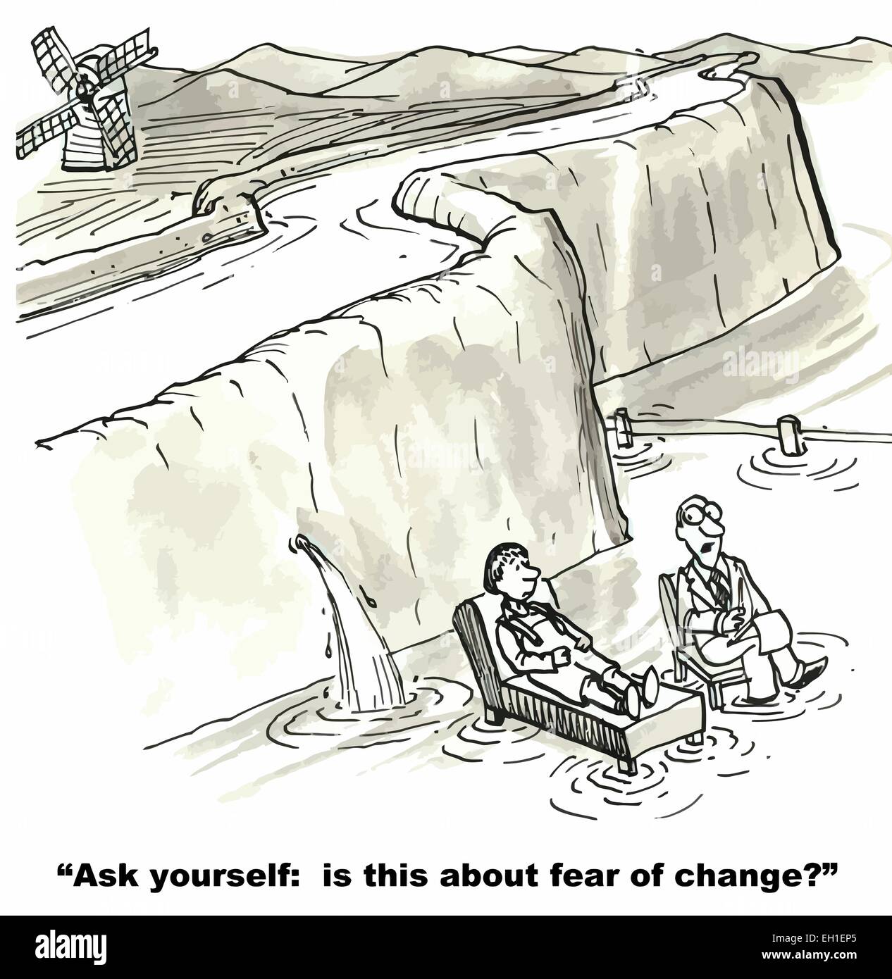 Caricature de hollandais et thérapeute demande, demandez-vous : est-ce à propos de la peur du changement ? Illustration de Vecteur