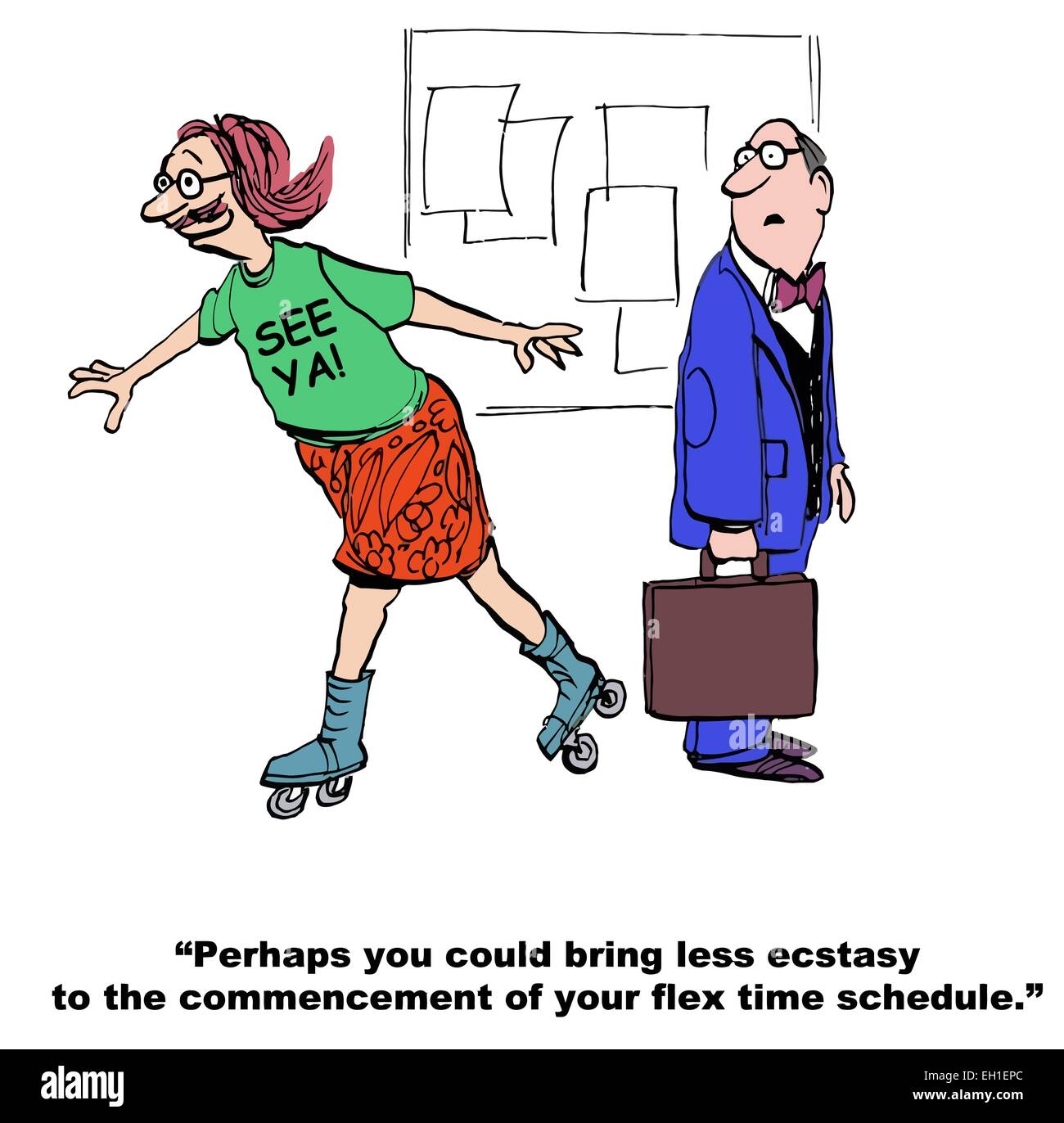 Caricature de businessman on roller, vous pourriez peut-être mettre moins d'extase à l'ouverture de votre calendrier de Flex Time. Illustration de Vecteur