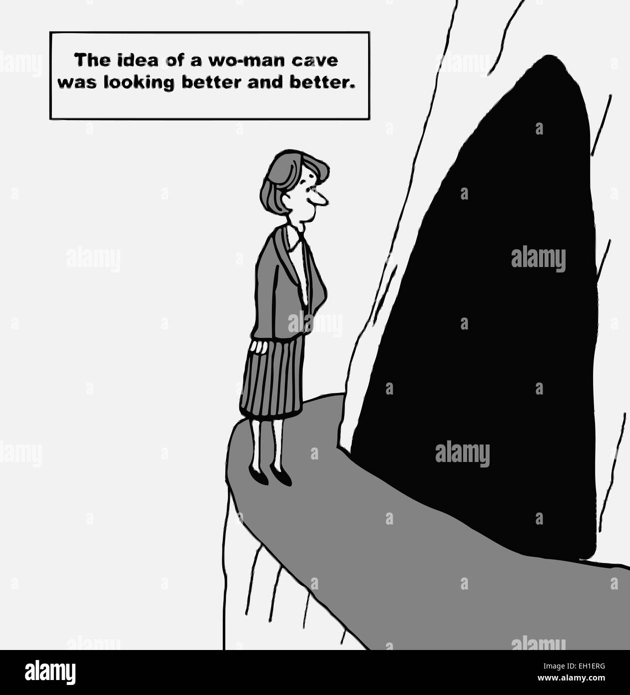 Caricature de businesswoman à côté de cave : l'idée d'un wo-man grotte était à la recherche de mieux en mieux. Illustration de Vecteur