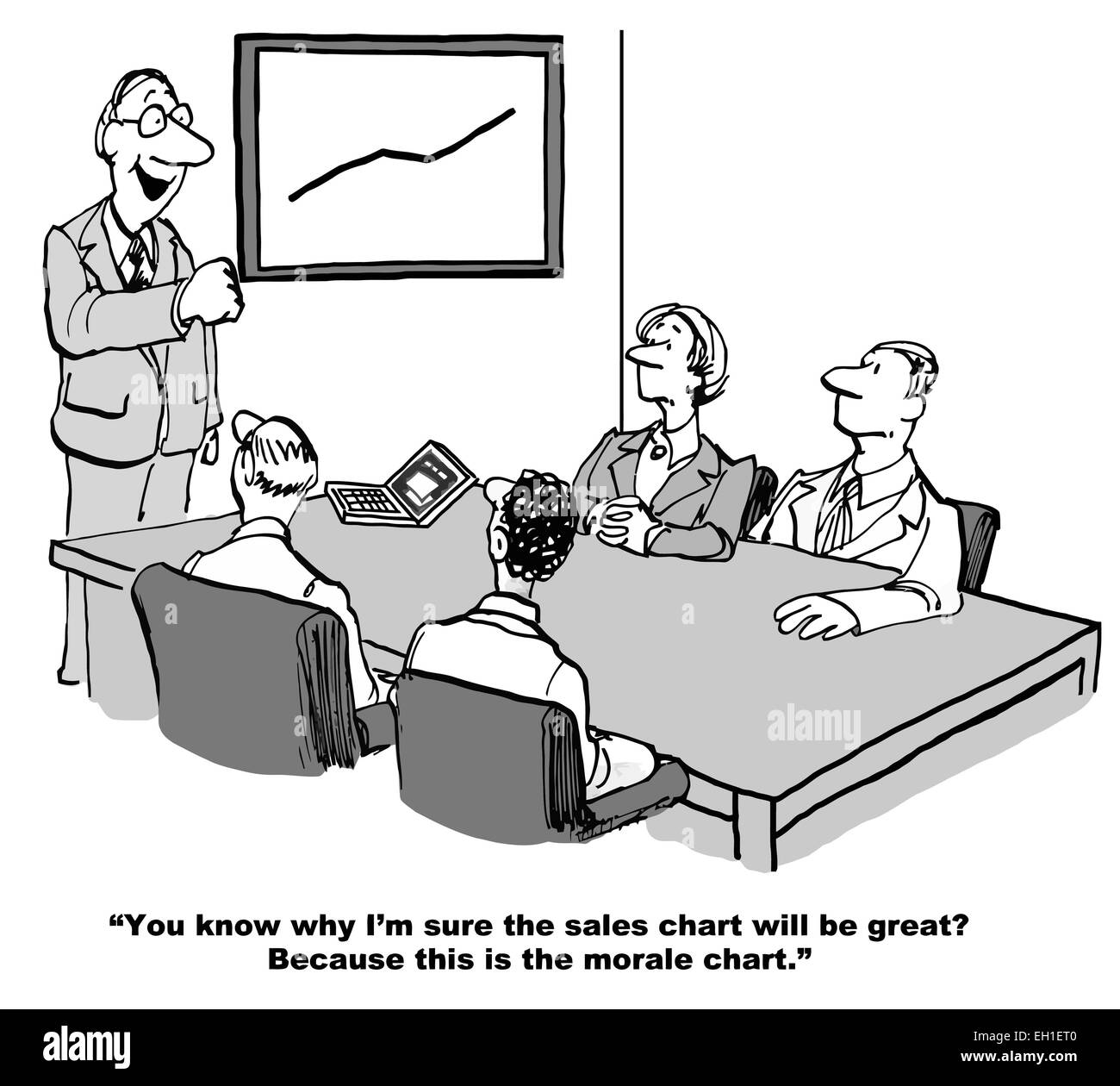 Caricature de businessman disant à l'équipe qu'il pense que le tableau des ventes montrent une augmentation parce que le moral a augmenté. Illustration de Vecteur