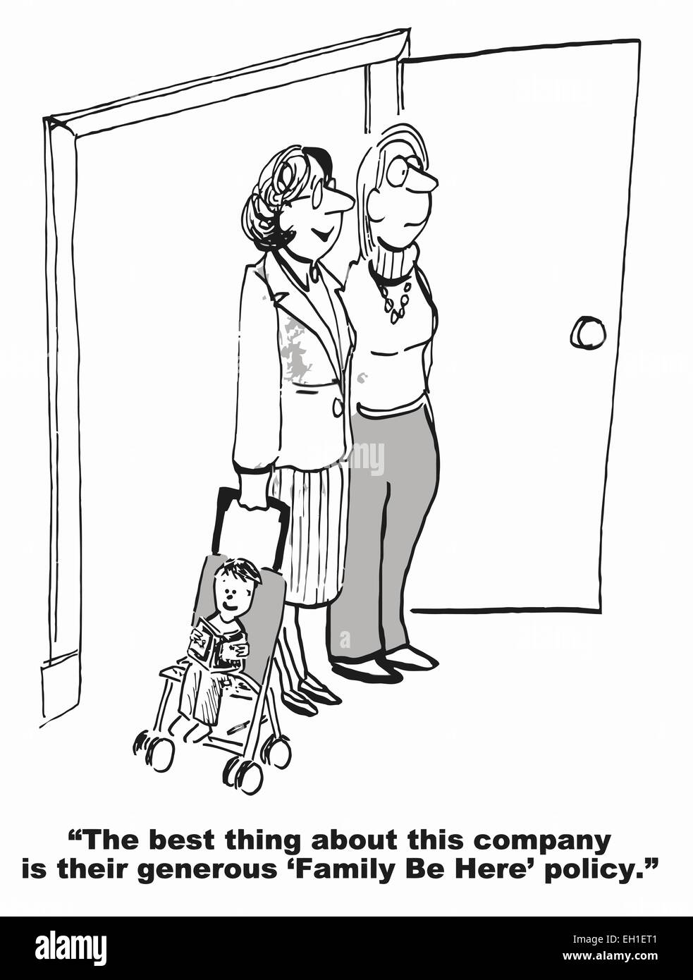 Caricature de two businesswomen au travail, on a une poussette avec l'enfant, la meilleure chose à propos de... société... "Famille être ici' politique. Illustration de Vecteur