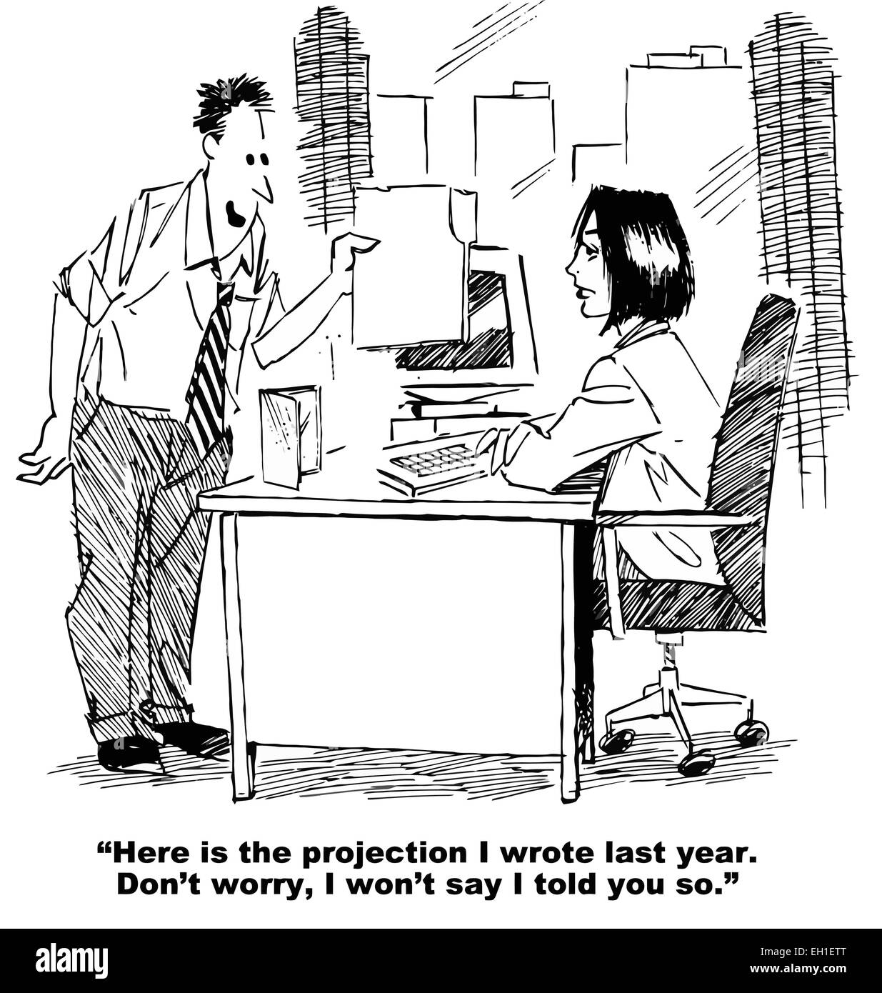 Caricature de businessman businesswoman dit Patron, "ici est la projection que j'ai écrit l'an dernier... Je ne dis pas que je vous l'avais bien dit". Illustration de Vecteur