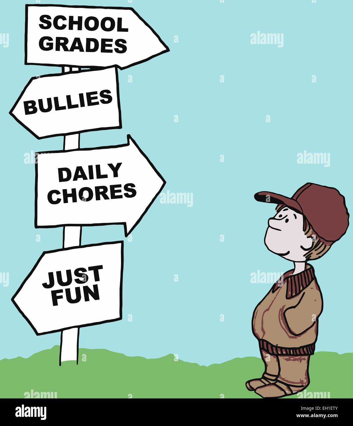 Caricature du jeune garçon à la recherche de ses options pour la journée : les notes scolaires, les intimidateurs, les tâches quotidiennes, que du plaisir. Illustration de Vecteur