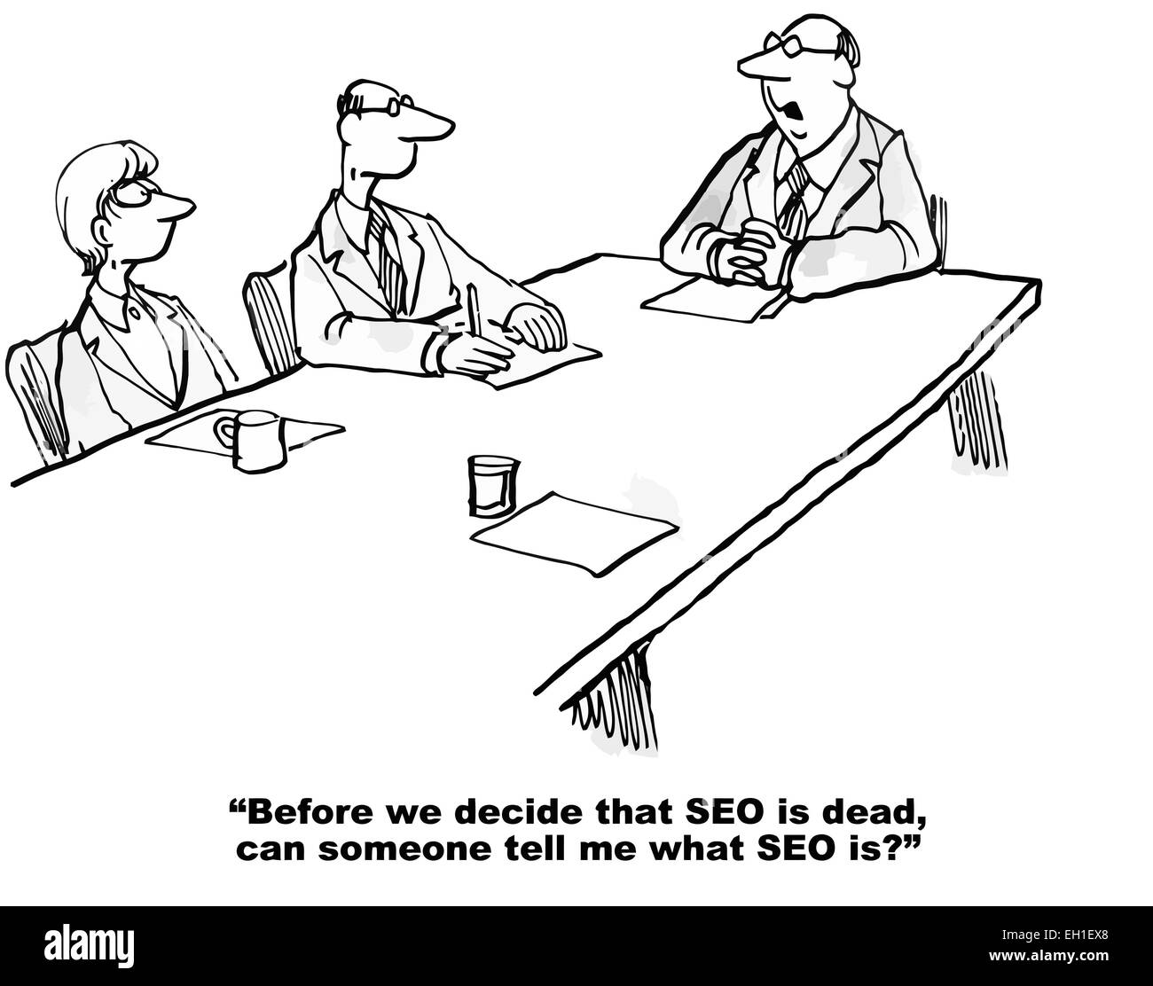 Caricature de l'équipe de marketing numérique demande d'affaires, avant de nous décider que SEO est mort, quelqu'un peut me dire ce qu'est le SEO ? Illustration de Vecteur