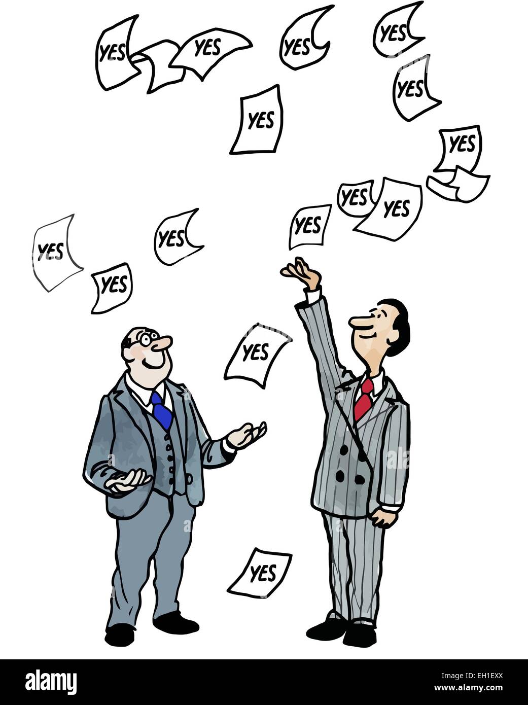 Caricature de deux hommes d'affaires qui sont heureusement entouré par oui. Illustration de Vecteur