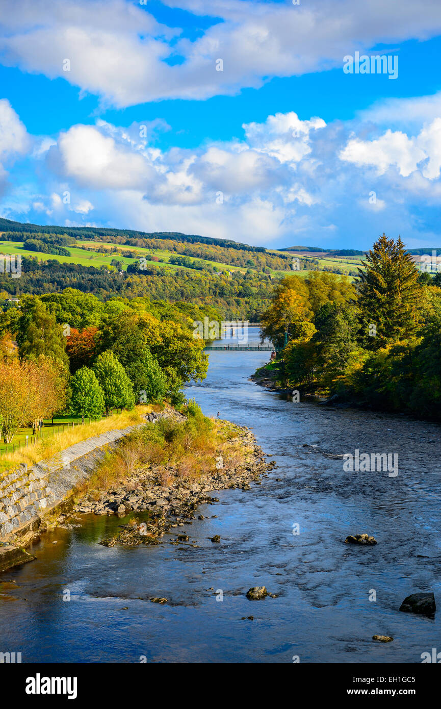 À la recherche sur la rivière Tummel du barrage de Pitlochry, une bonne pêche river Banque D'Images