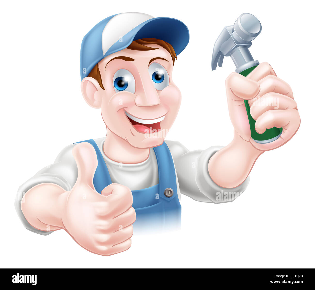 Une bonne caricature handyman ou carpenter holding a hammer et faisant un Thumbs up Banque D'Images
