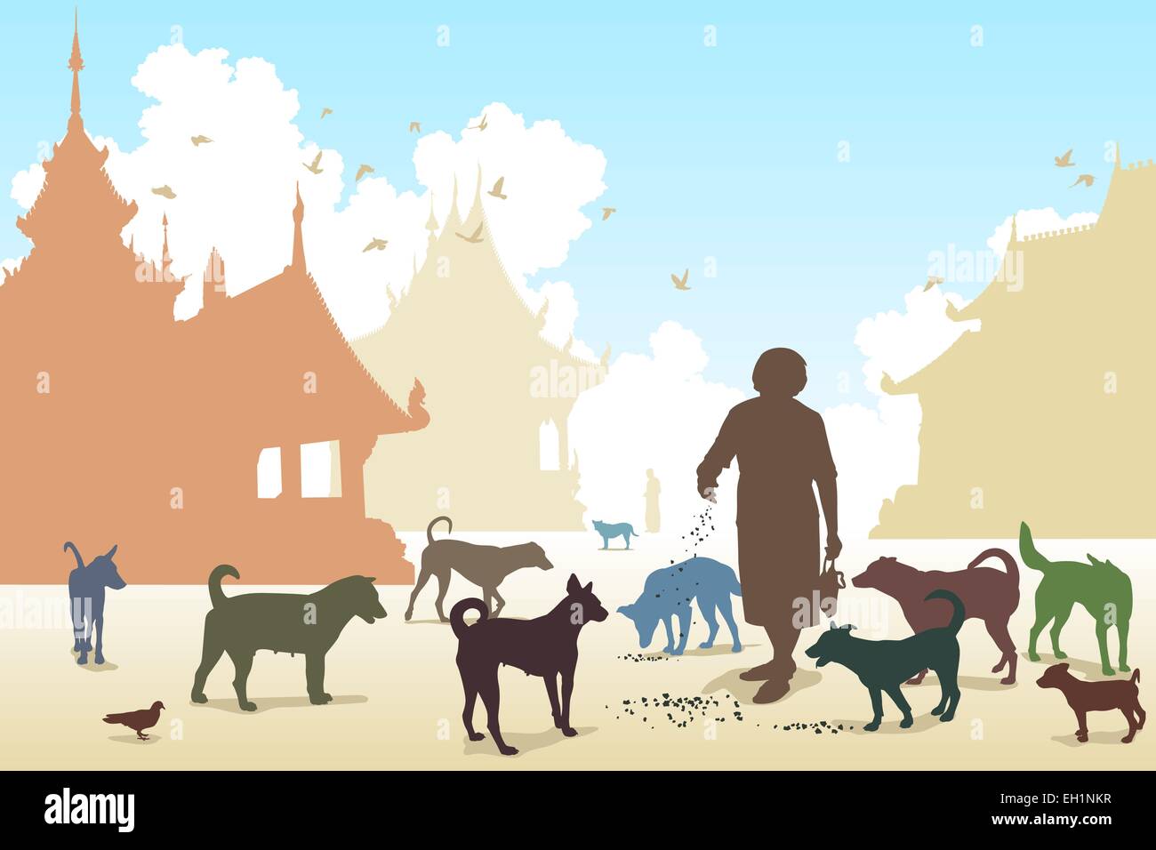 Illustration vectorielle modifiable d'une femme se nourrir les chiens errants dans un temple bouddhiste où de nombreux animaux abandonnés finissent par Illustration de Vecteur