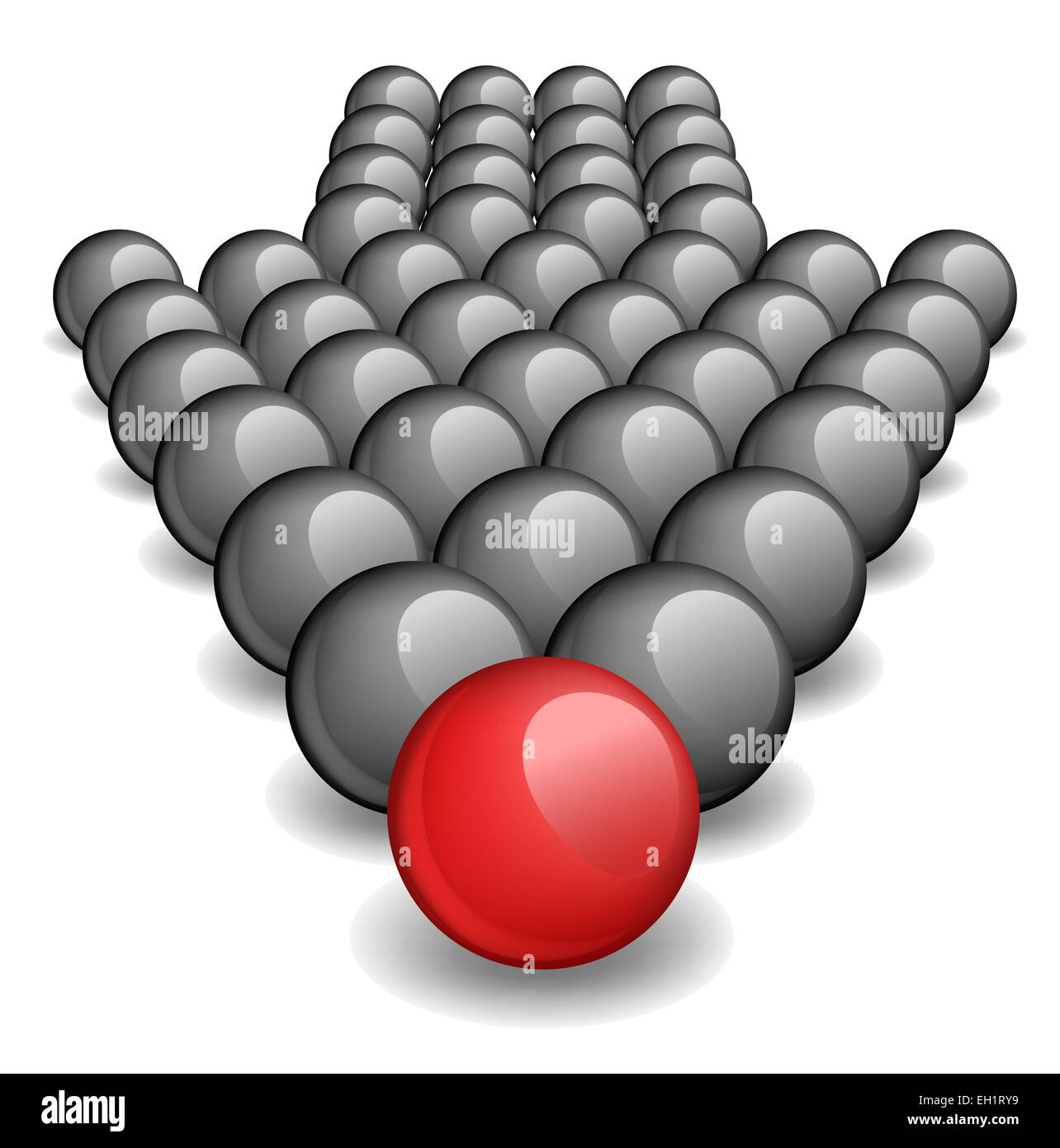 Flèche composée de boules gris avec une boule rouge debout devant le reste Banque D'Images