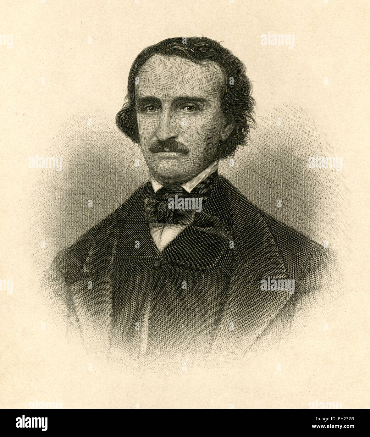 C Antique1885 gravure sur acier, Edgar Allan Poe. Edgar Allan Poe (19 janvier 1809 - 7 octobre 1849) était un écrivain, poète, éditeur et critique littéraire, considérés comme faisant partie du mouvement romantique américain. Mieux connu pour ses histoires de mystère et le macabre, Poe est l'un des premiers médecins américains de l'histoire courte, et est généralement considéré comme l'inventeur du roman policier de genre. Banque D'Images