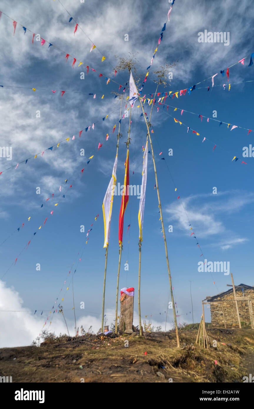Les drapeaux de prières bouddhistes colorés dans Pathivara Devi, Népal Banque D'Images Les drapeaux de prières bouddhistes colorés dans Pathivara Devi, Népal Banque D'Images