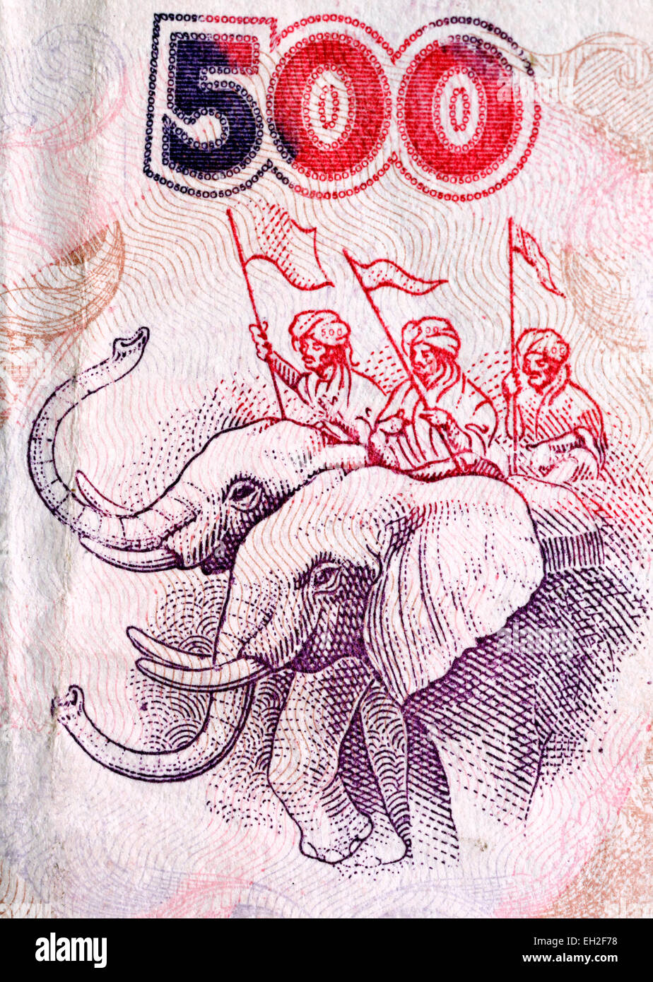 L'armée et les éléphants Hanibal à partir de 500 dinars billet, Algérie, 1996 Banque D'Images