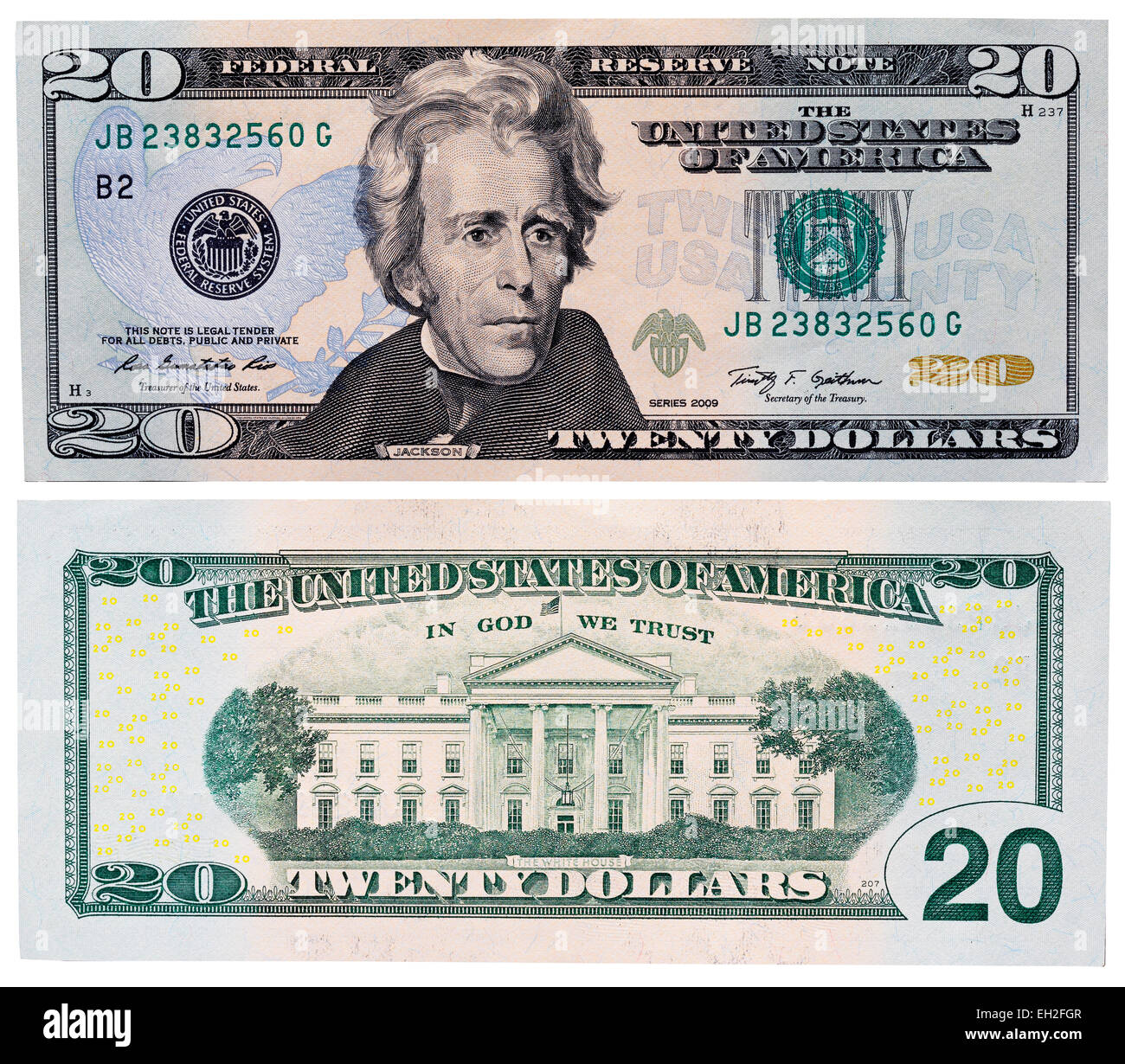 Billet de 20 dollars, Andrew Jackson, La Maison Blanche, USA, 2009 Banque D'Images