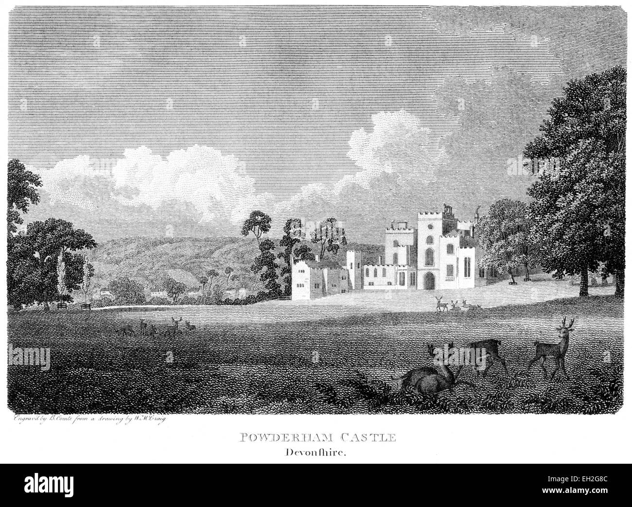 Une gravure de Powderham Castle, le Devonshire numérisées à haute résolution à partir d'un livre imprimé en 1803. Banque D'Images