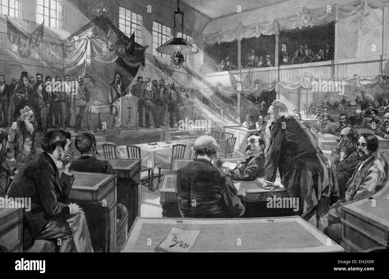 Réunion de la Rada Assemblée Nationale de Serbie, gravure sur bois, circa 1871 Banque D'Images
