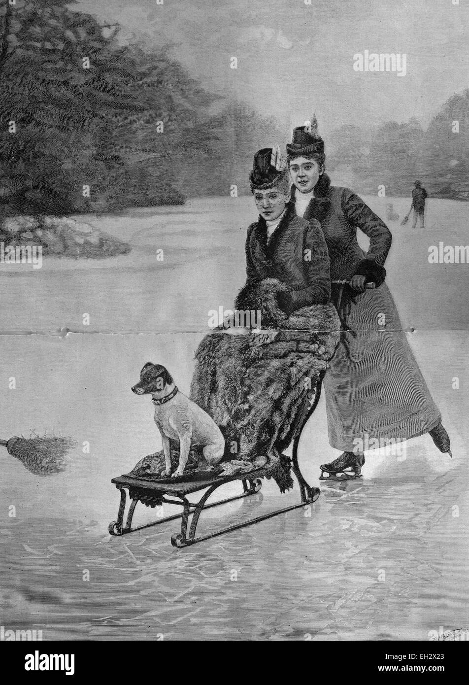 Sports d'hiver deux dames avec chien sur le traîneau, 1880 Banque D'Images