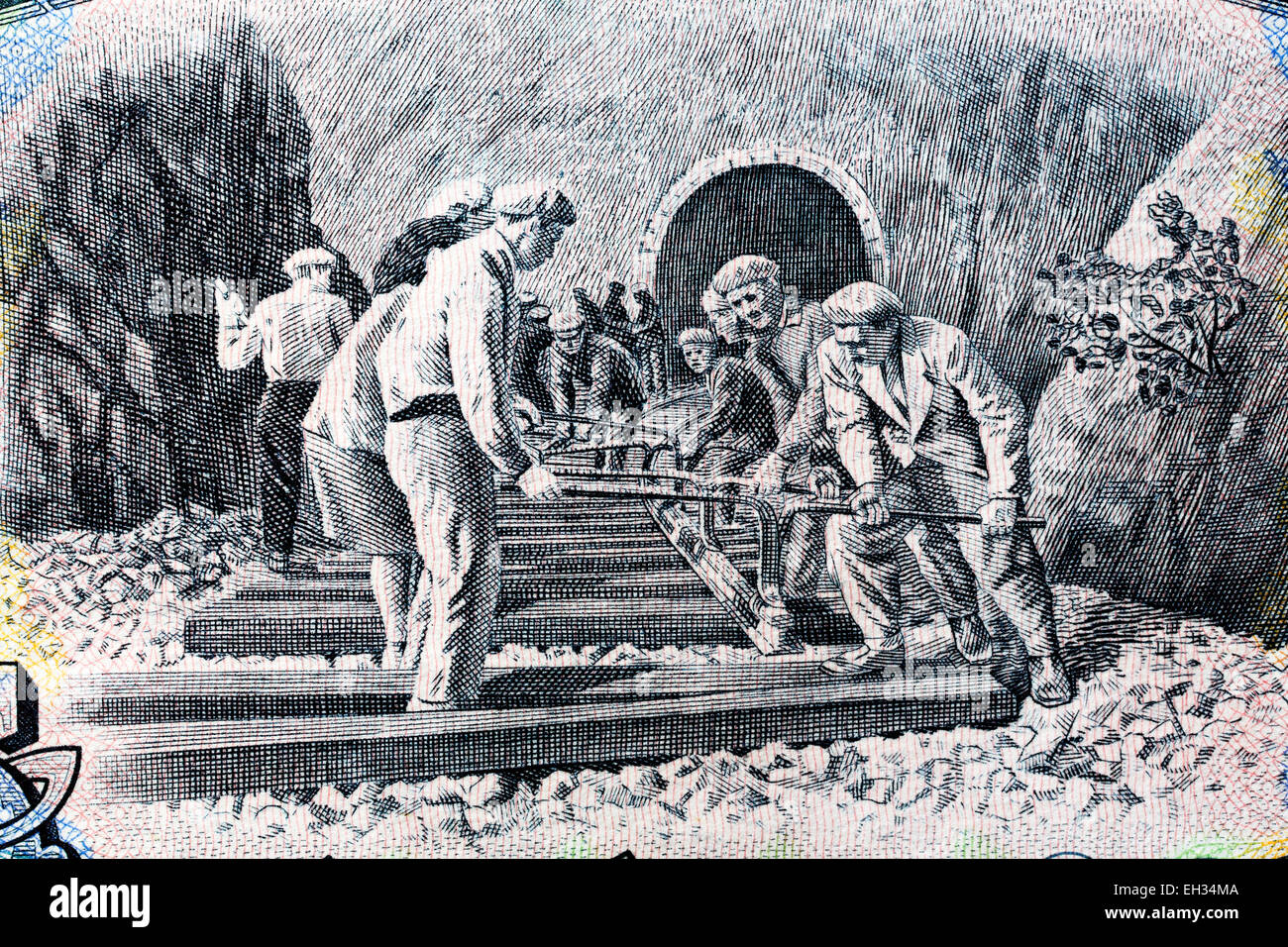 La construction du chemin de fer, 25 léva billet, Bulgarie, 1951 Banque D'Images
