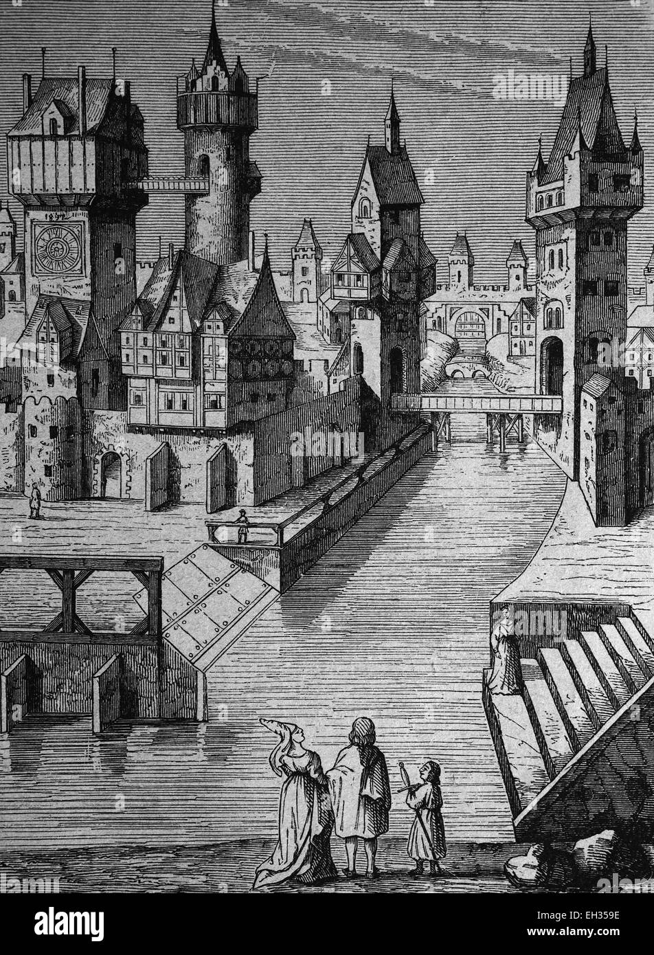 Image idéale d'une ville au 14e siècle, gravure sur bois, 1888 Banque D'Images