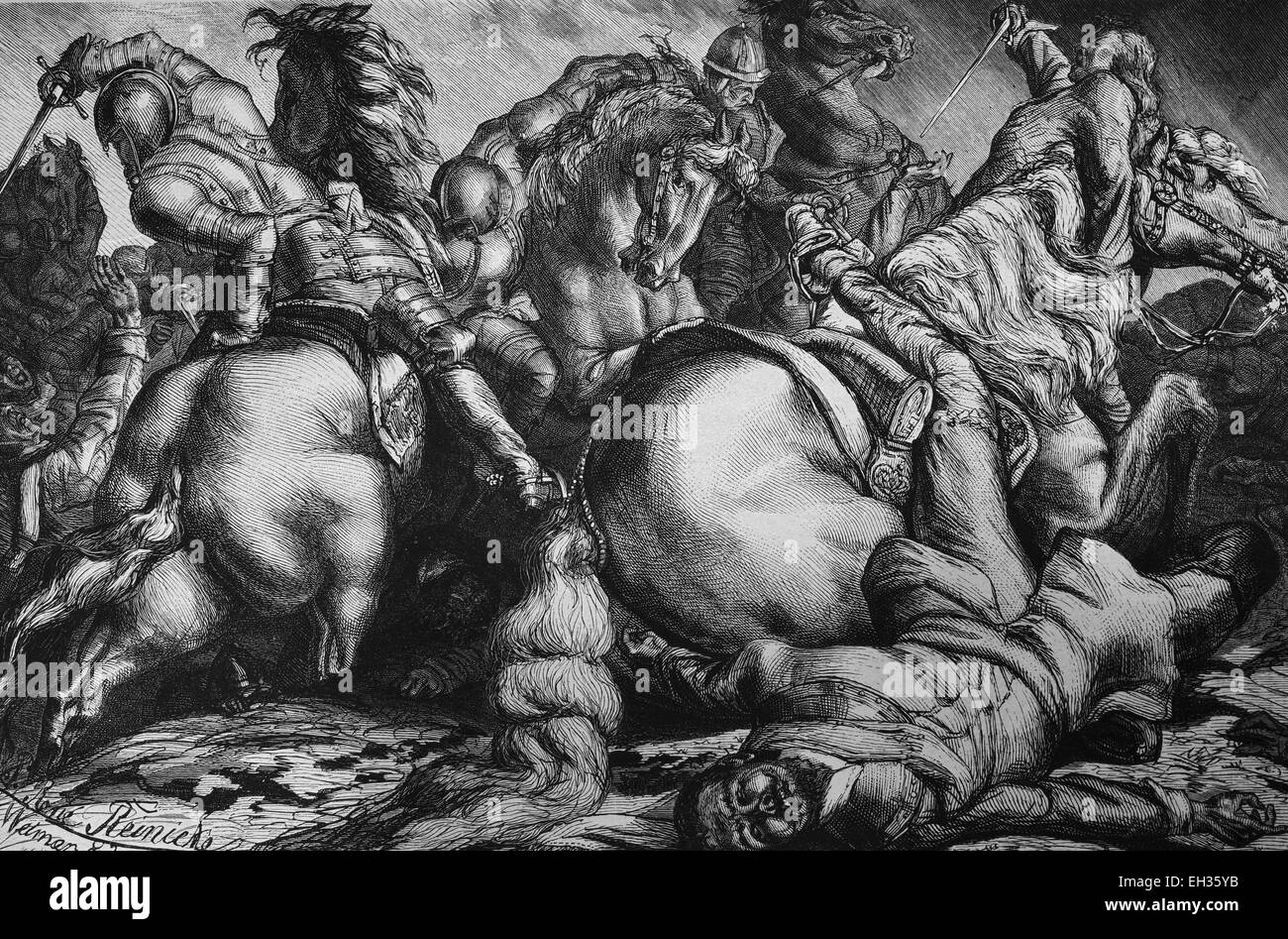 La mort de Gustave Adolphe, Gustave II Adolphe, 1594-1632, à la bataille de Lützen, à partir de la famille régnante de Vasa, Roi de Suède à partir de 1611-1632, gravure sur bois, gravure historique, 1880 Banque D'Images