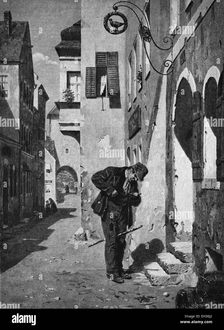 Comptage mendiant son argent, gravure sur bois, 1880 Banque D'Images