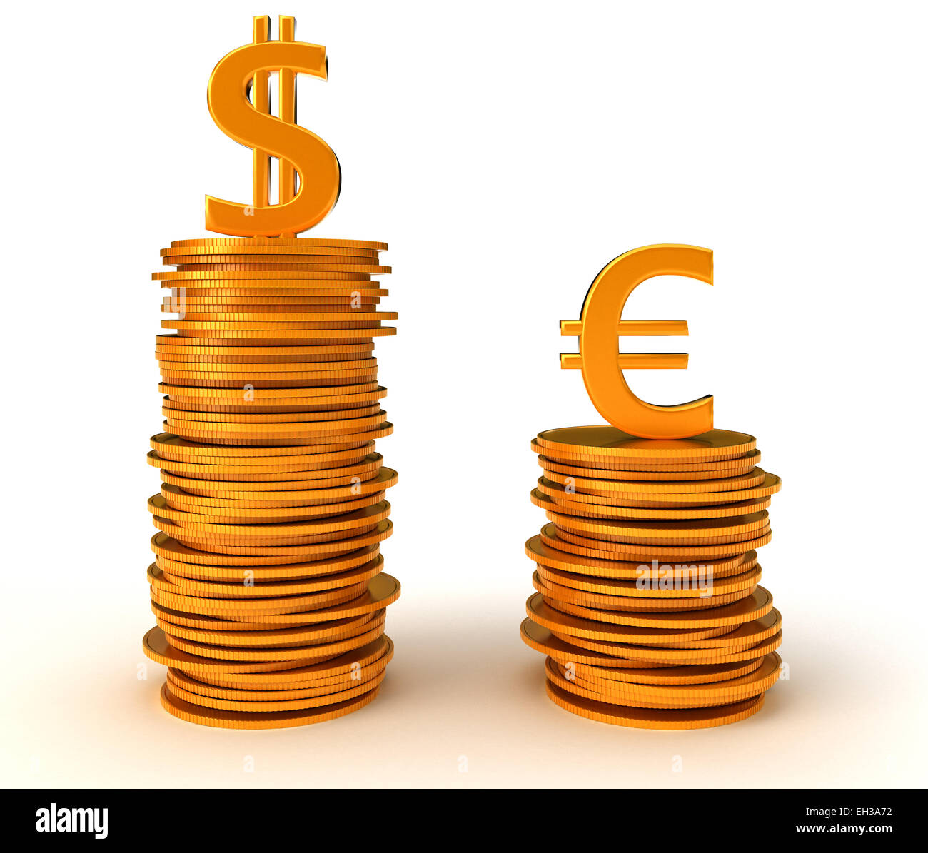 Avantage de l'Euro par rapport au dollar US. On white Banque D'Images