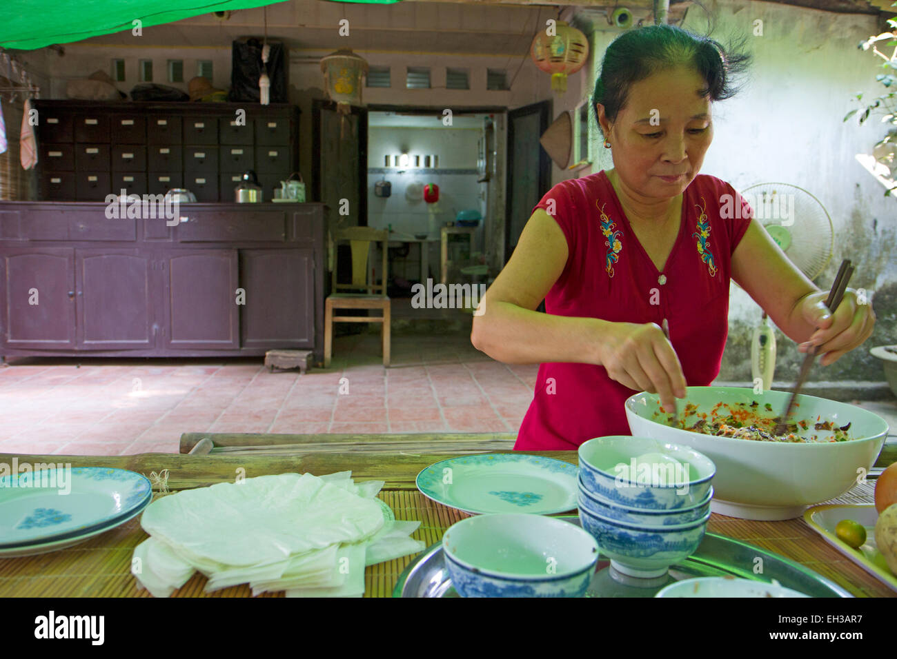 Femme faisant du riz vietnamien-rouleaux de papier Banque D'Images