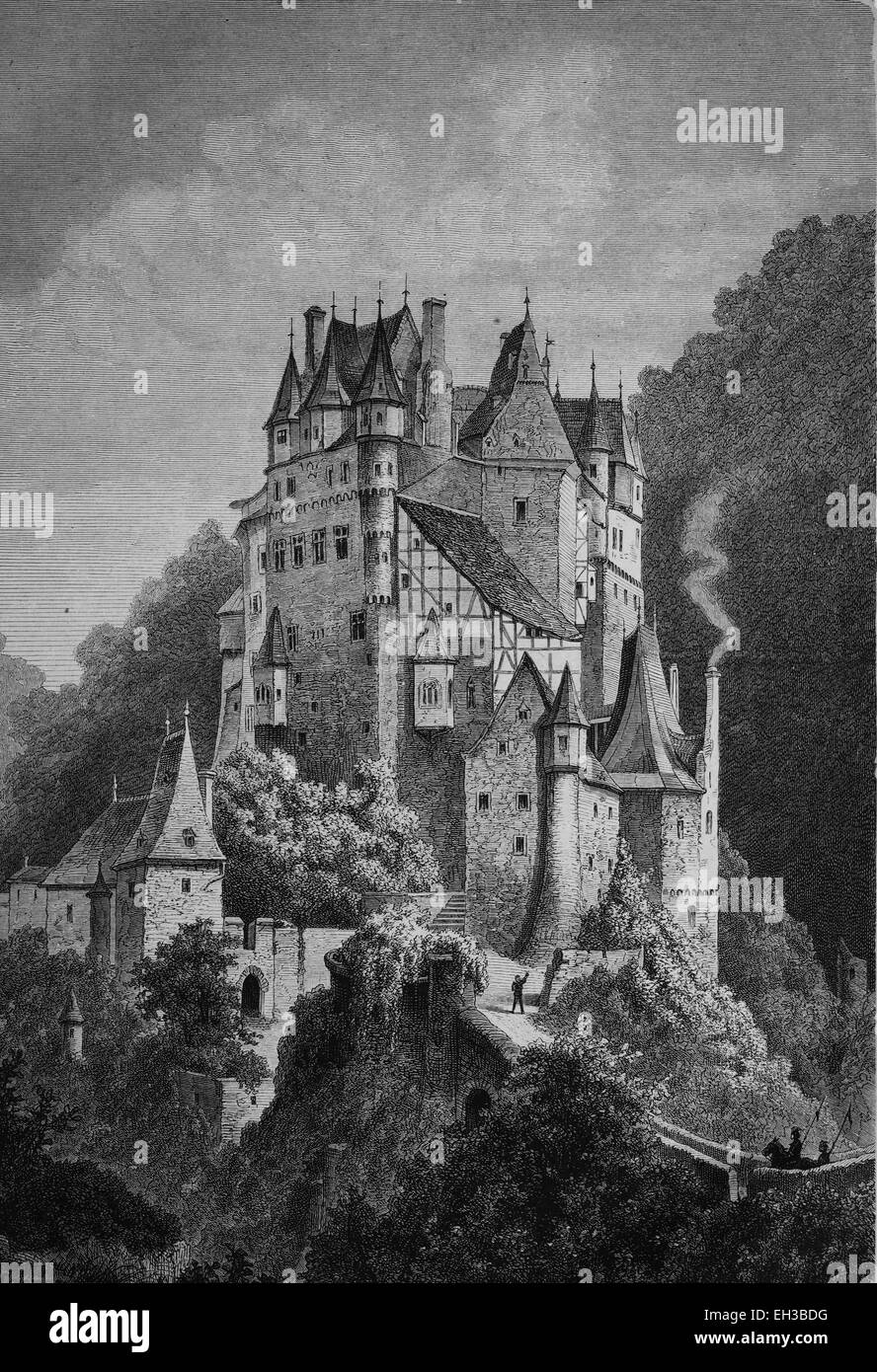 Le château de Burg Eltz, Rhénanie-Palatinat, Allemagne, l'illustration du livre historique du 19ème siècle, gravure sur acier, Brockhaus Konversationslexikon, une encyclopédie de 1908, Europe Banque D'Images