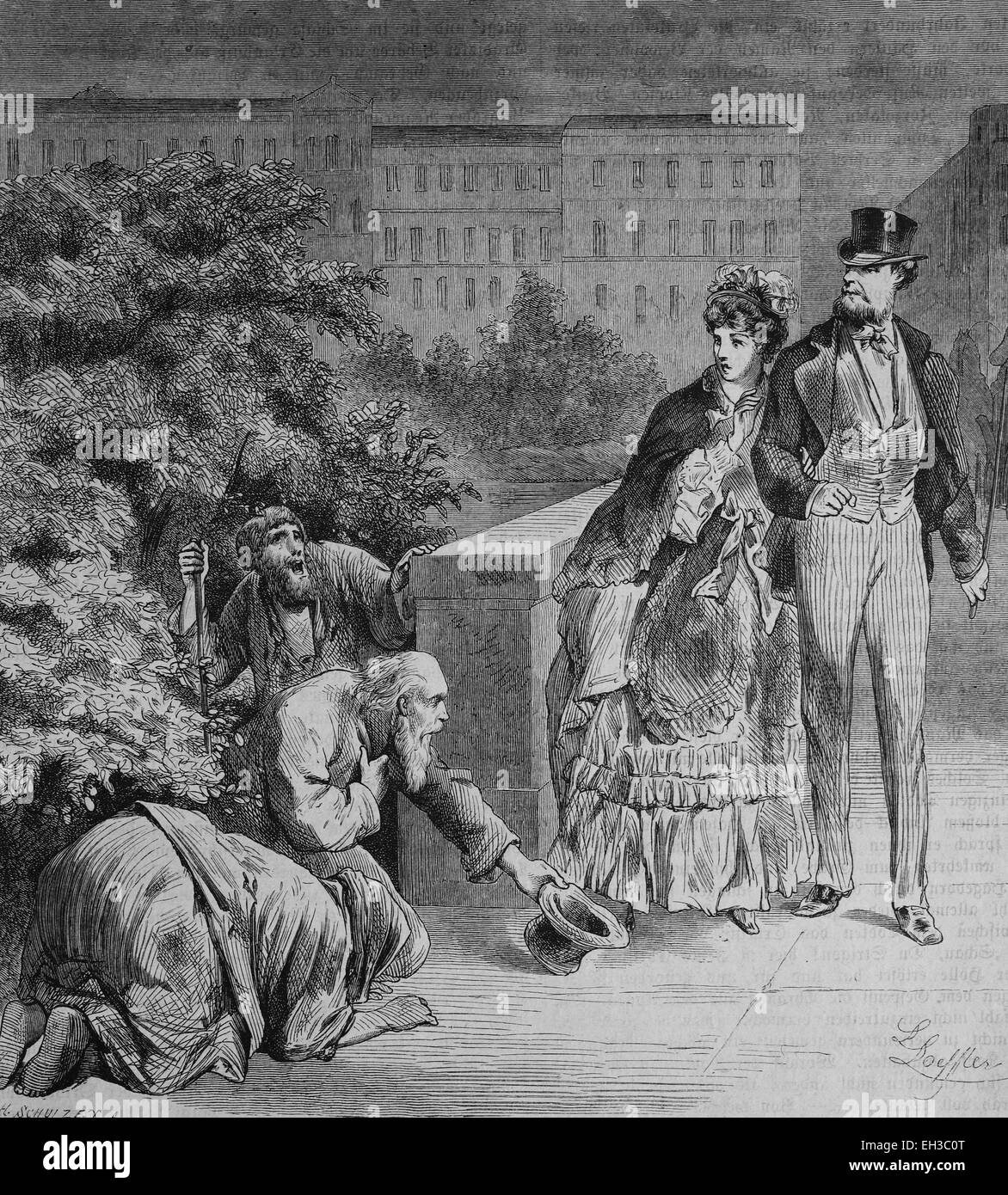 Fédération de mendiant à Riga, gravure sur bois, 1880 Banque D'Images