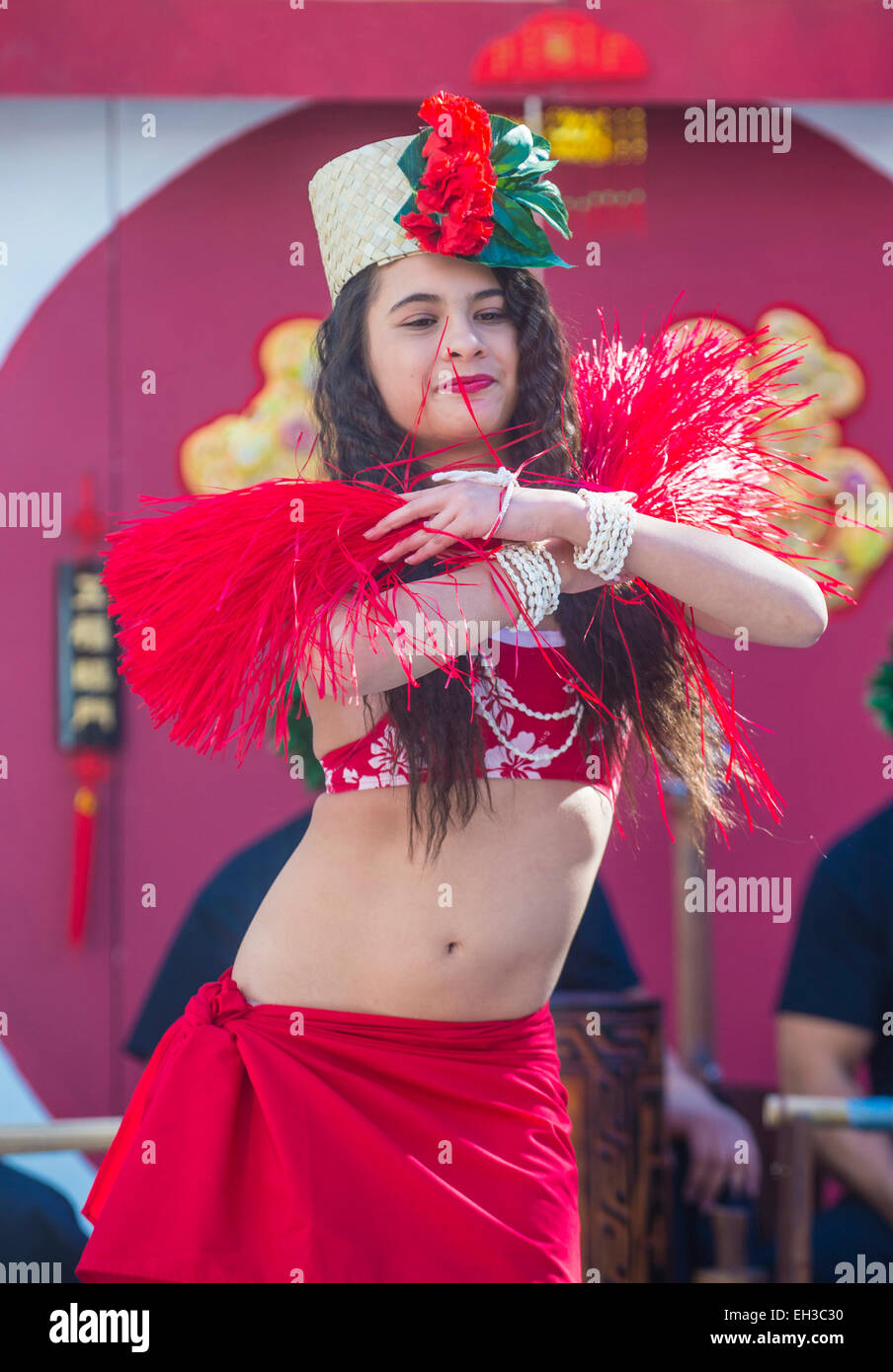 Danseur tahitien effectuer au Nouvel An chinois qui a eu lieu à Las Vegas Banque D'Images