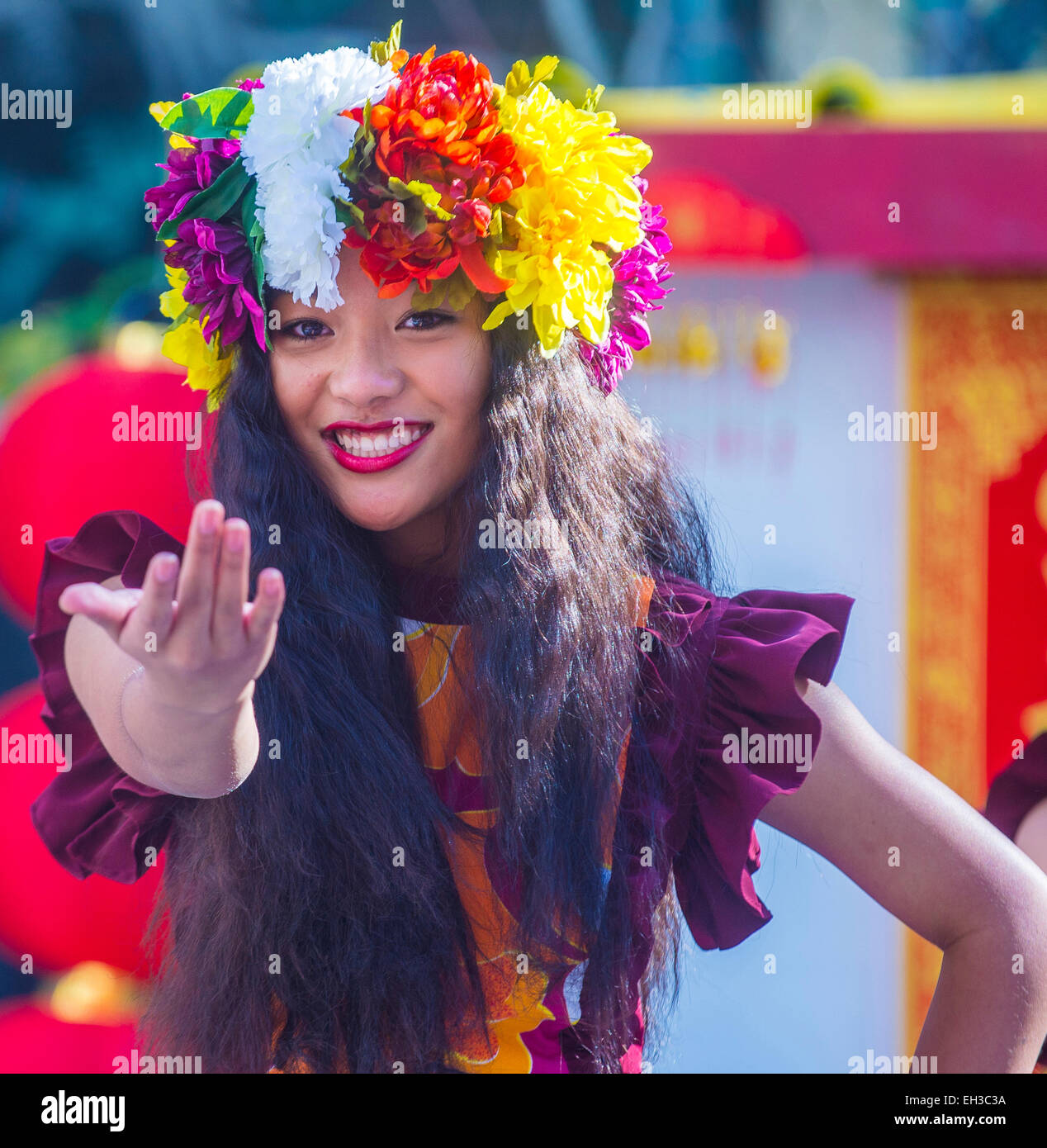Danseur tahitien effectuer au Nouvel An chinois qui a eu lieu à Las Vegas Banque D'Images